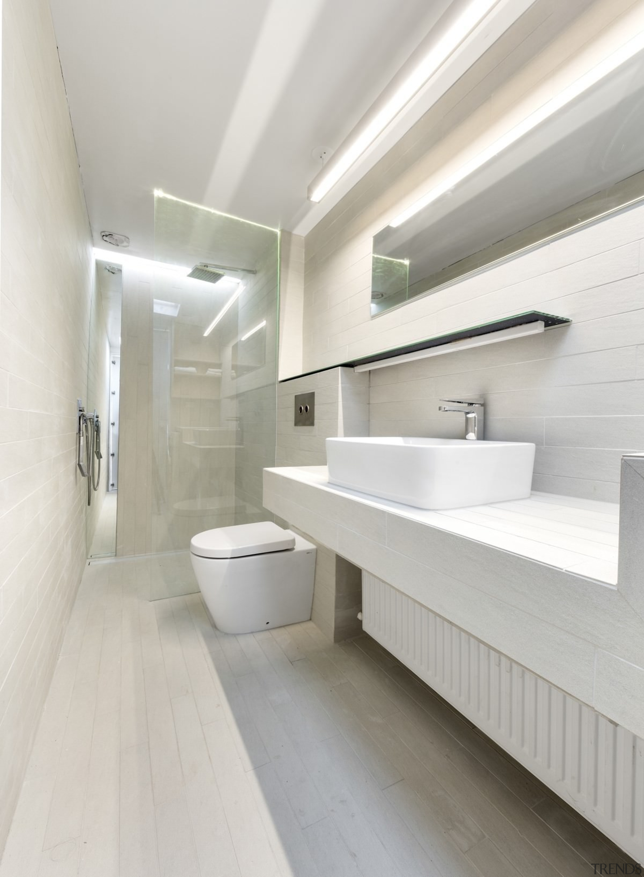 A skylight above the shower and strip-style lights architecture, bathroom, daylighting, floor, interior design, product design, room, sink, tap, tile, white, gray