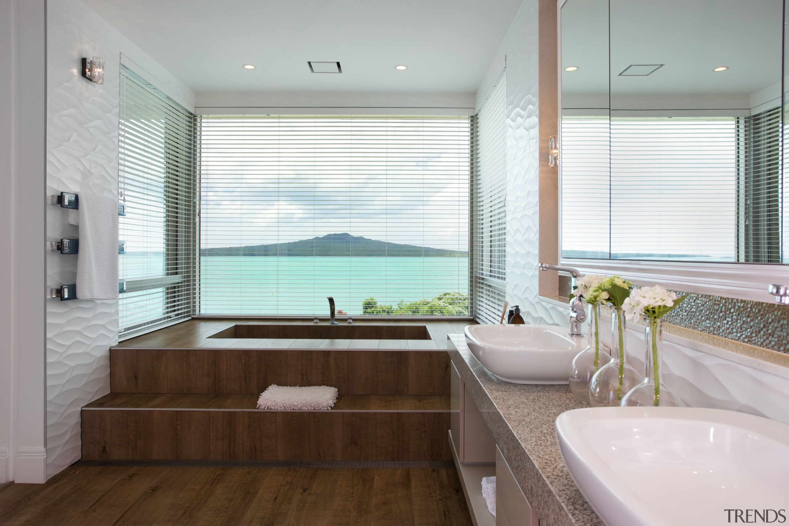 Like an eyrie high above the clifftop, this bathroom, estate, home, interior design, real estate, room, window, window covering, gray, white