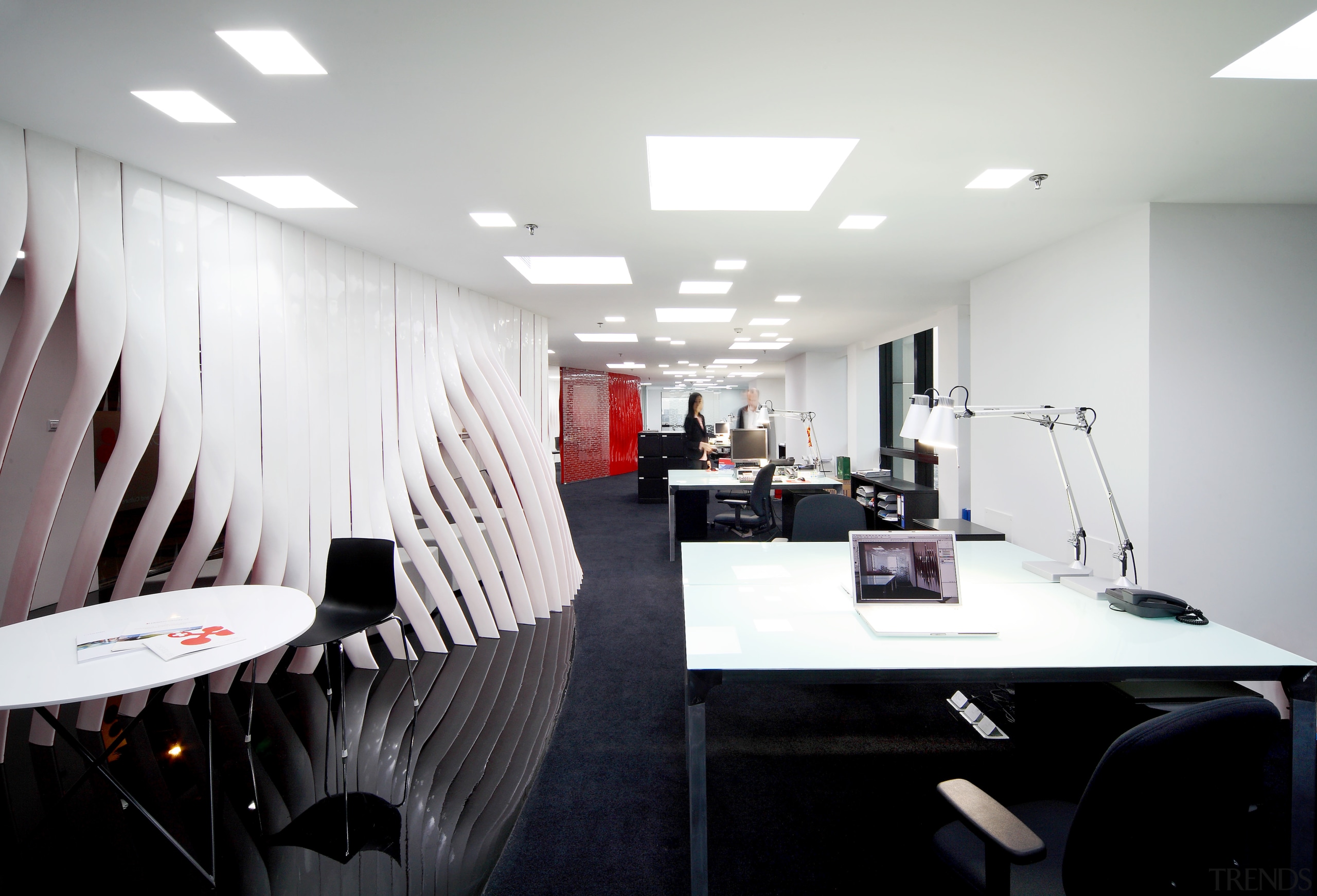 The Swissnex Shanghai office eatures twisted resin strips, ceiling, conference hall, furniture, interior design, office, product design, white, black