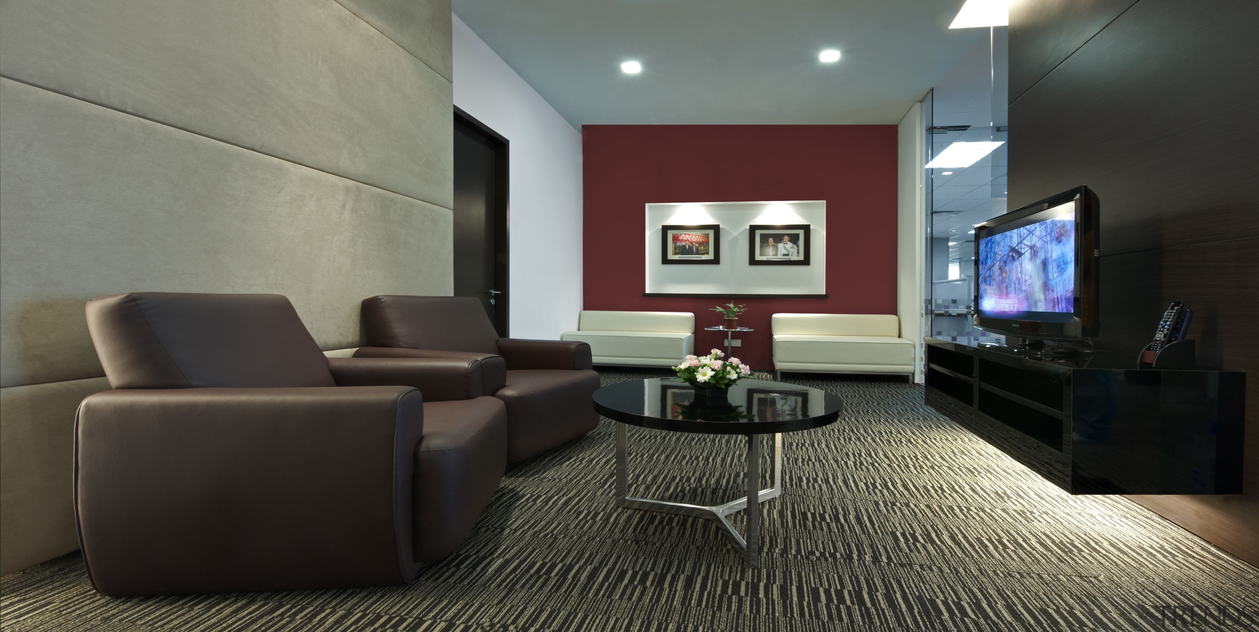 View of the security specialists Nexbis offices, reception ceiling, floor, flooring, furniture, home, interior design, living room, lobby, real estate, room, suite, waiting room, black, gray