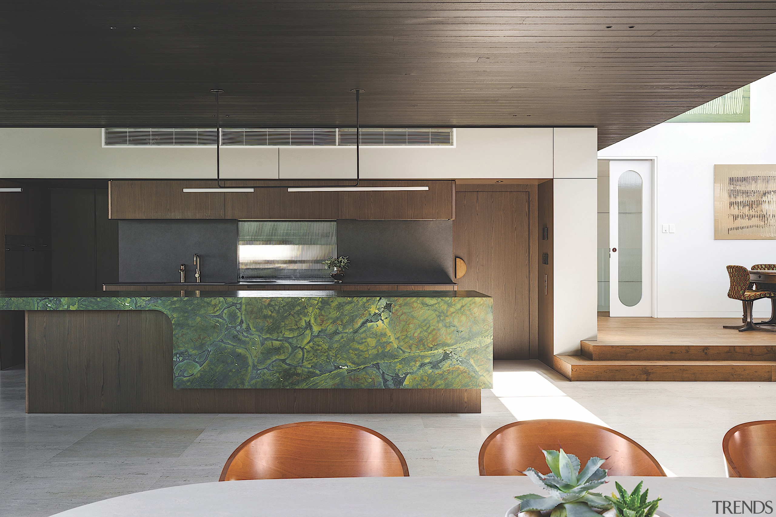 The benchtop's lightly textured Hiroshi Green quartzite slab 
