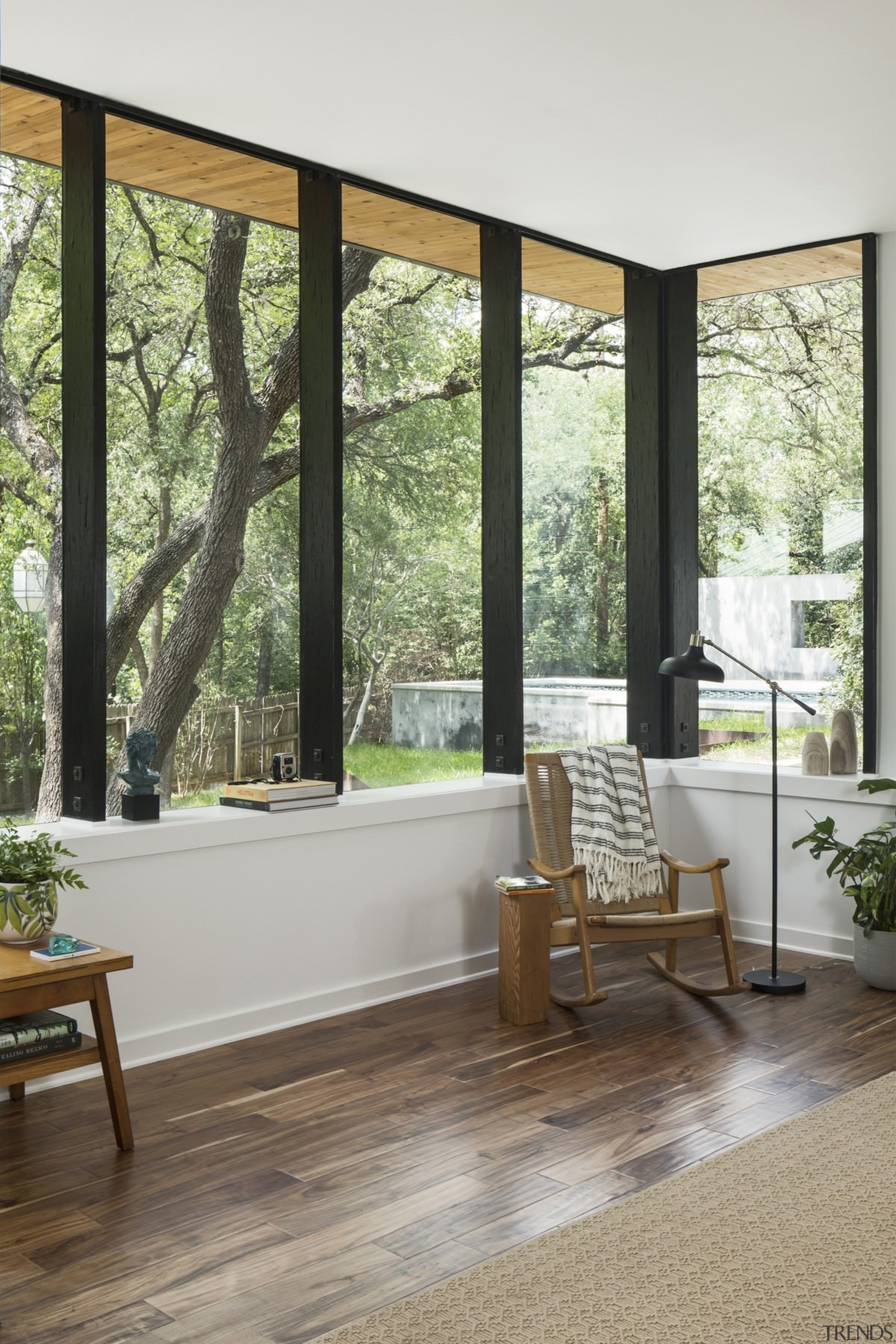 Views out to the backyard - Views out architecture, door, floor, flooring, furniture, hardwood, home, house, interior design, living room, window, wood, wood flooring, gray, white