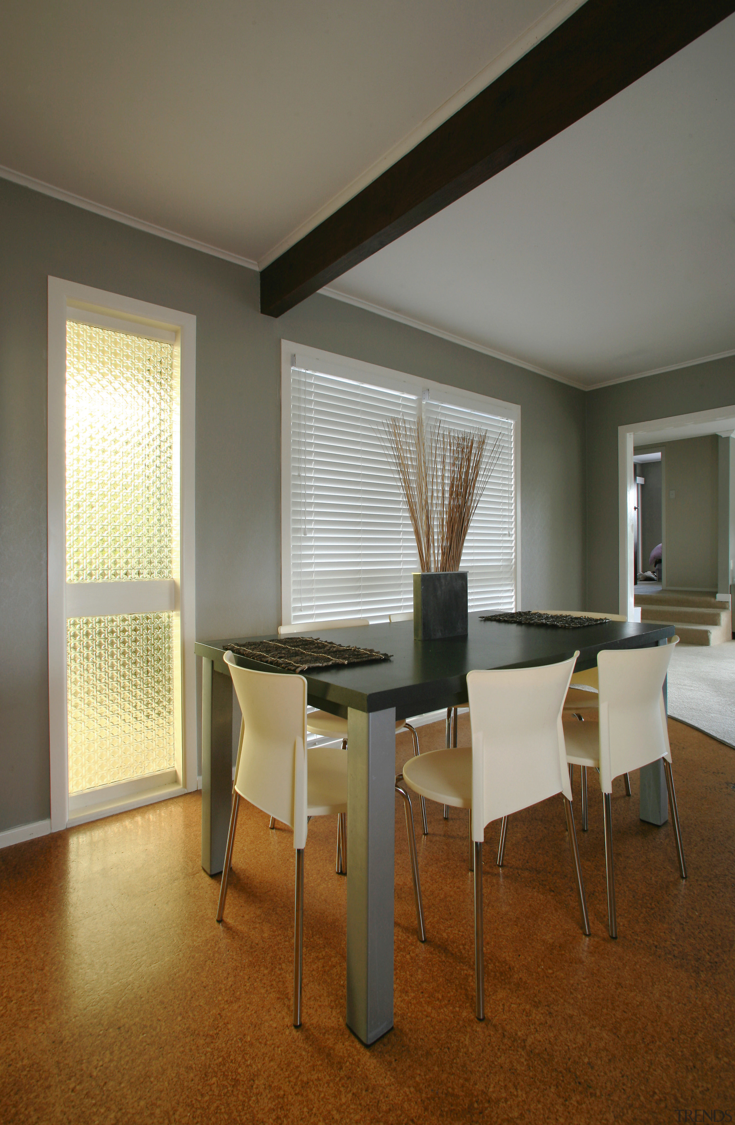 A view of this interior living space of architecture, ceiling, chair, daylighting, dining room, floor, flooring, furniture, interior design, real estate, room, table, wall, window, window covering, wood, brown, gray