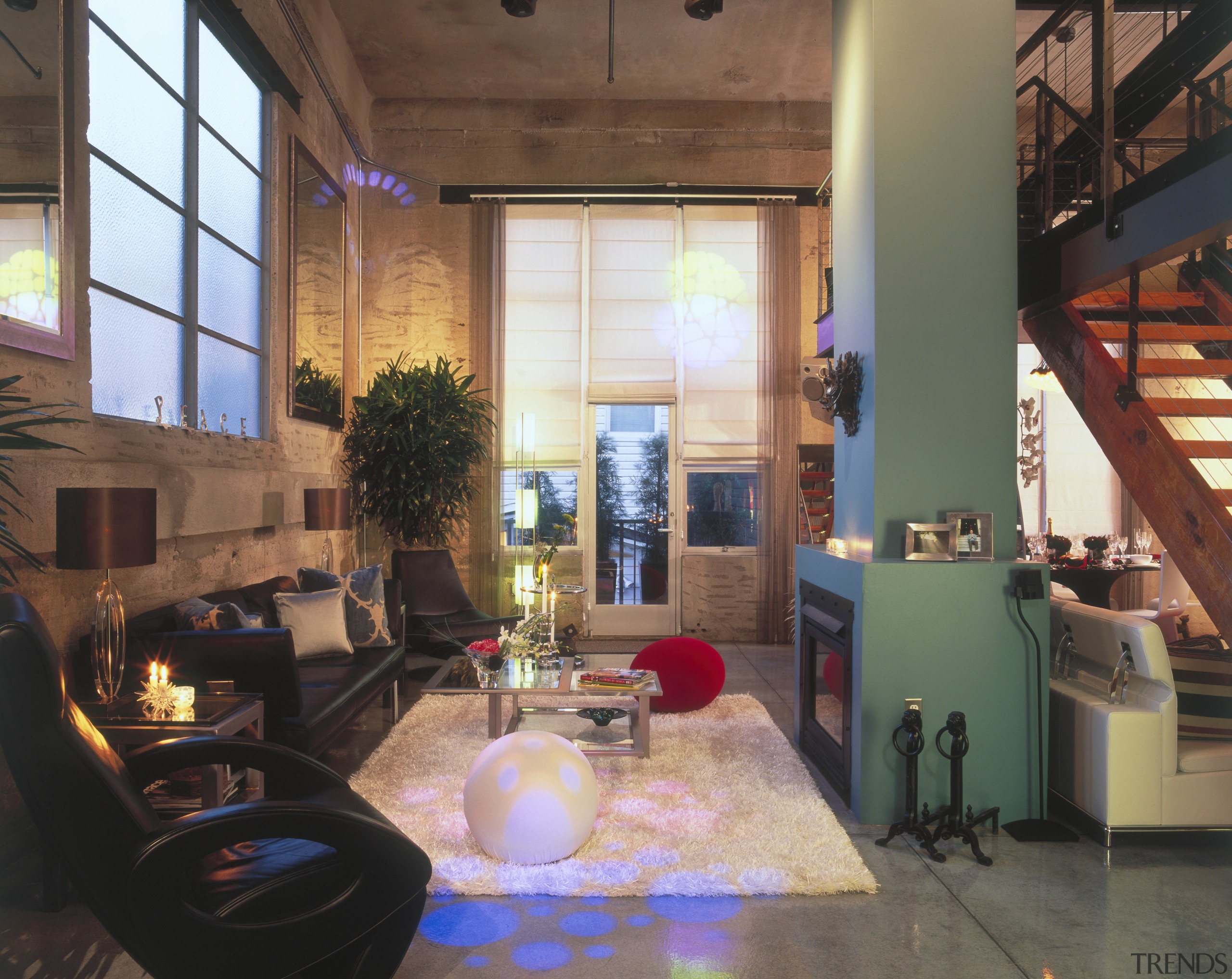 A view of the formal lounge area, concrete home, house, interior design, living room, lobby, loft, real estate, room, window, black