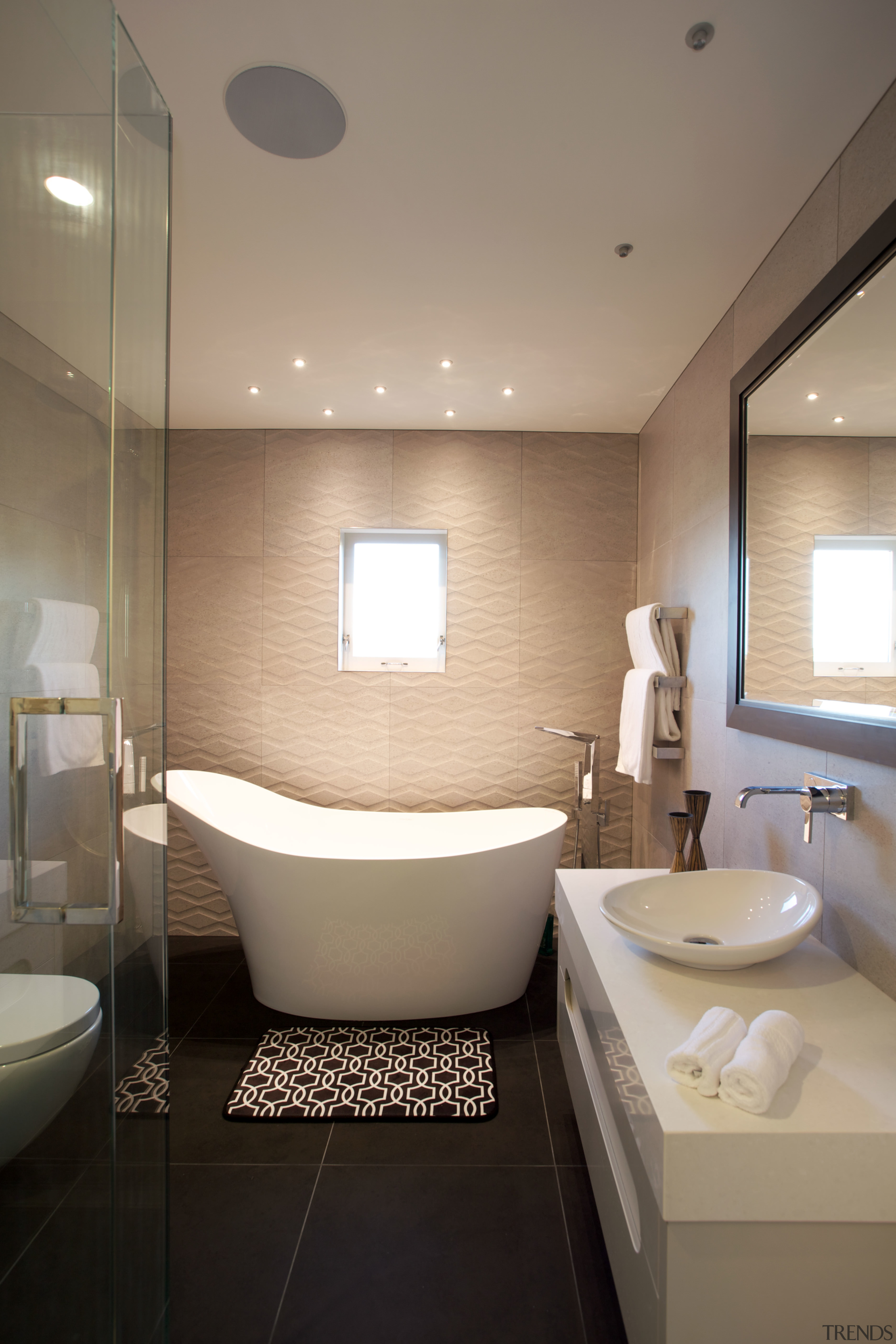 Italian-made tiles were chosen for the bathrooms in architecture, bathroom, ceiling, daylighting, floor, home, interior design, plumbing fixture, product design, room, sink, gray