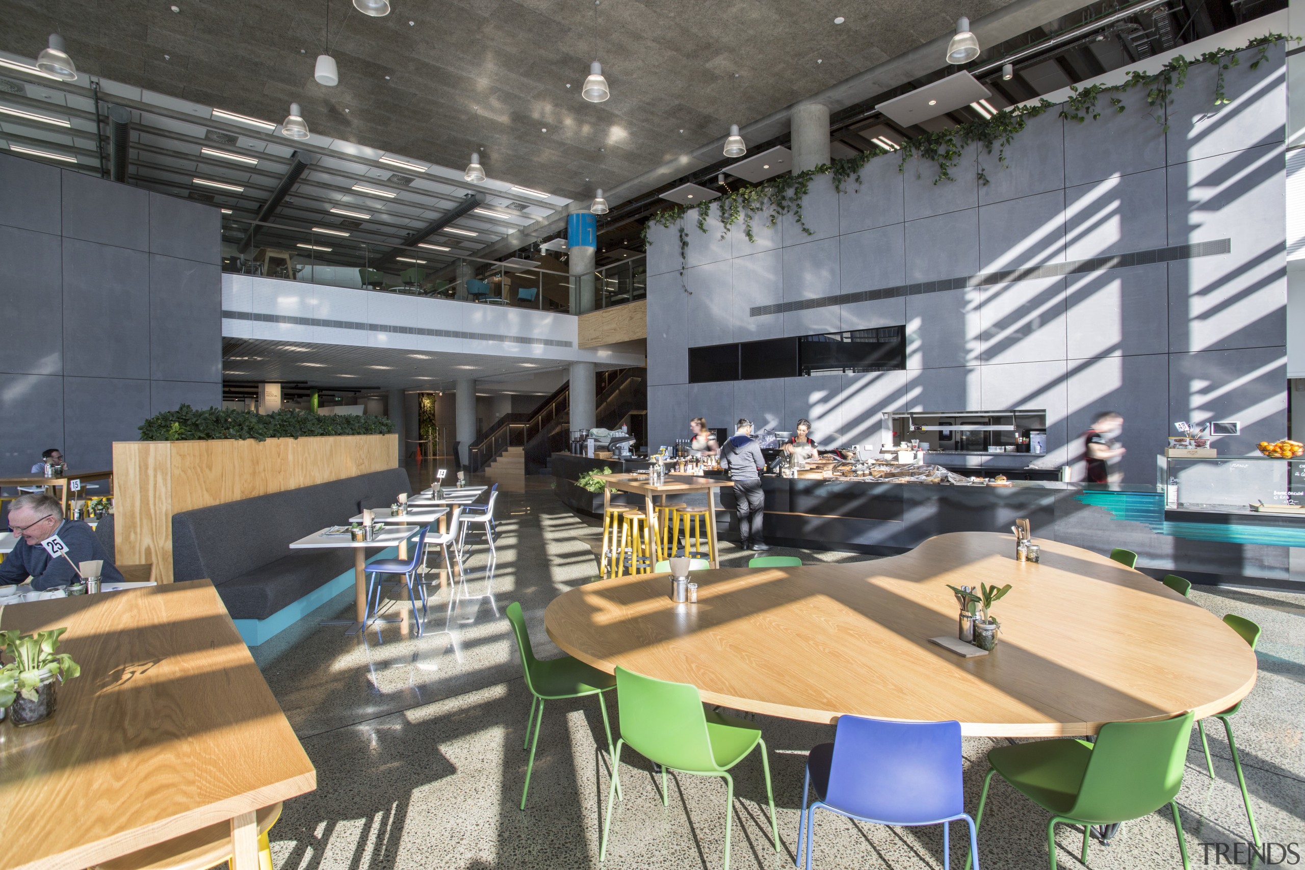 The ground floor cafe in the Fonterra Centre cafeteria, gray