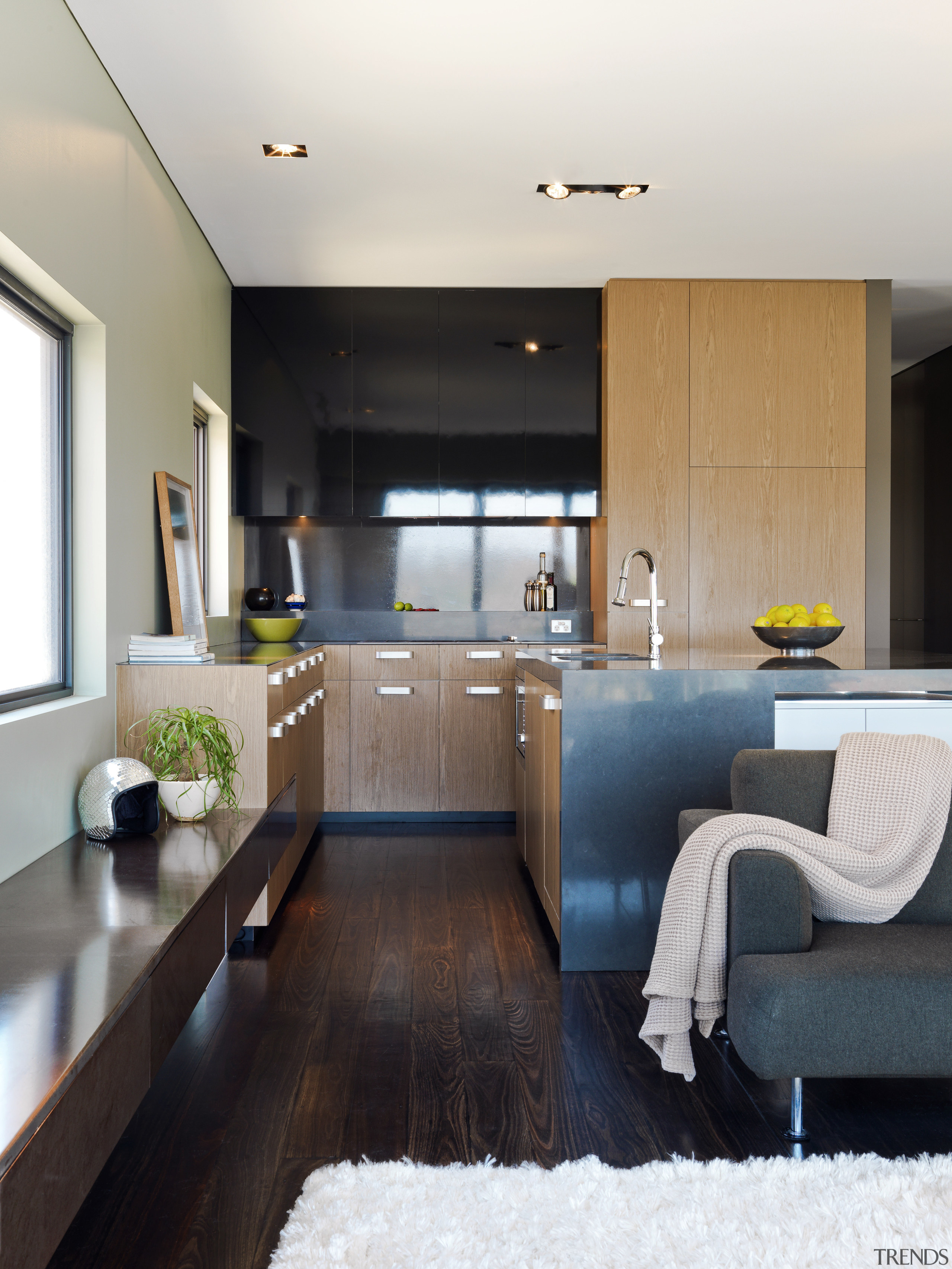 Overview of the main living area and kitchen countertop, interior design, kitchen, living room, room, white, black