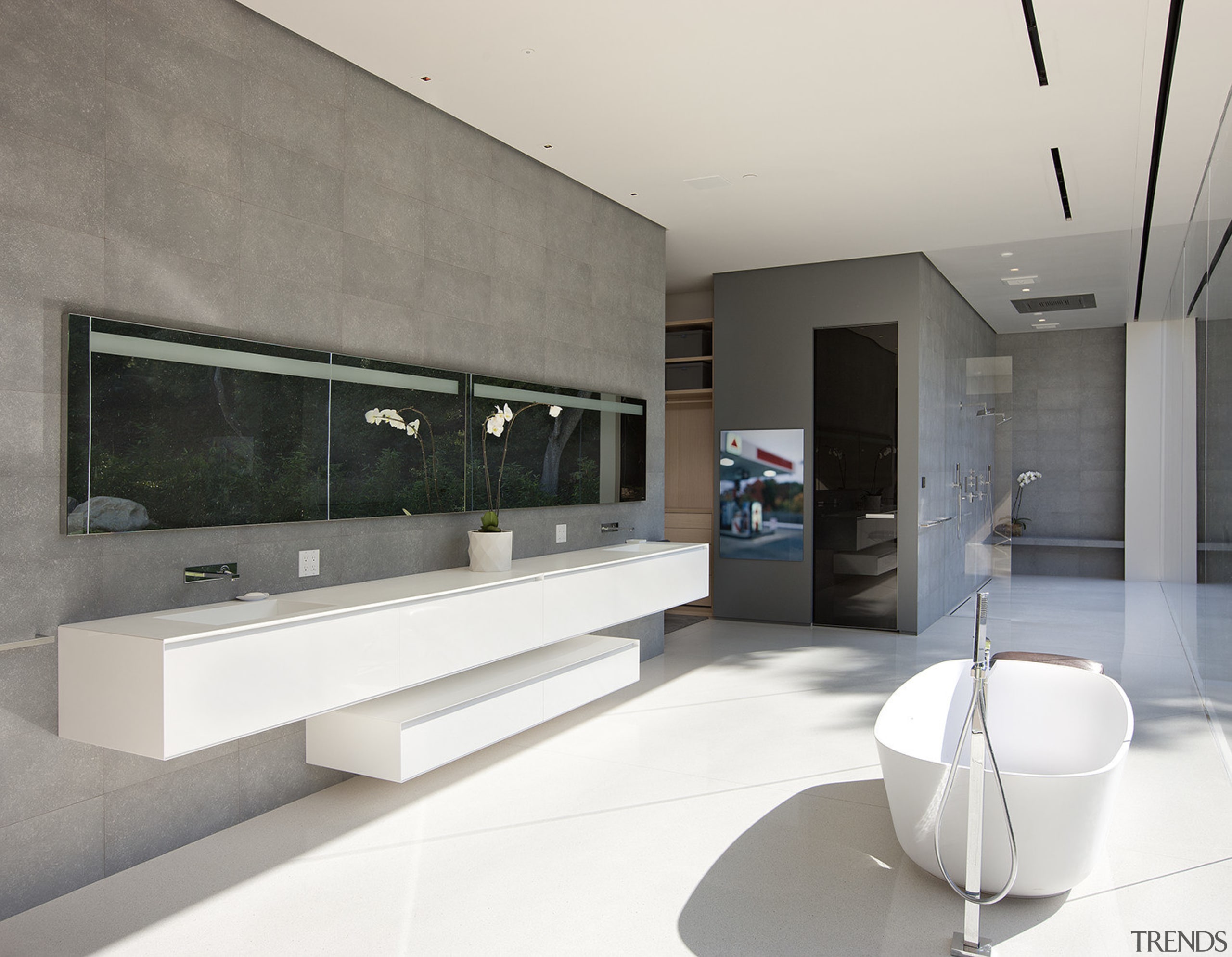 View of bathroom with freestanding tub. - View architecture, floor, house, interior design, real estate, gray, white