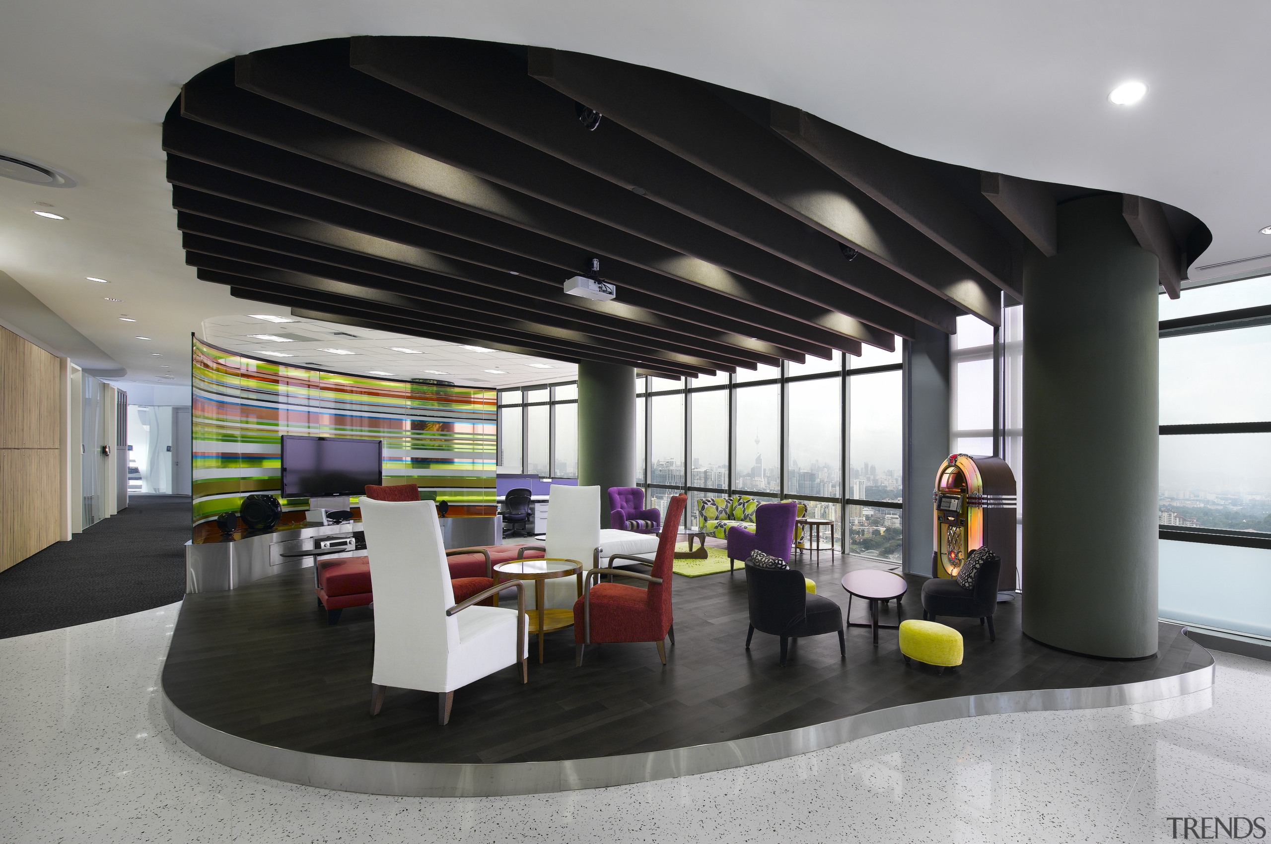 View of the Accenture office in Kuala Lumpur, interior design, lobby, gray, black