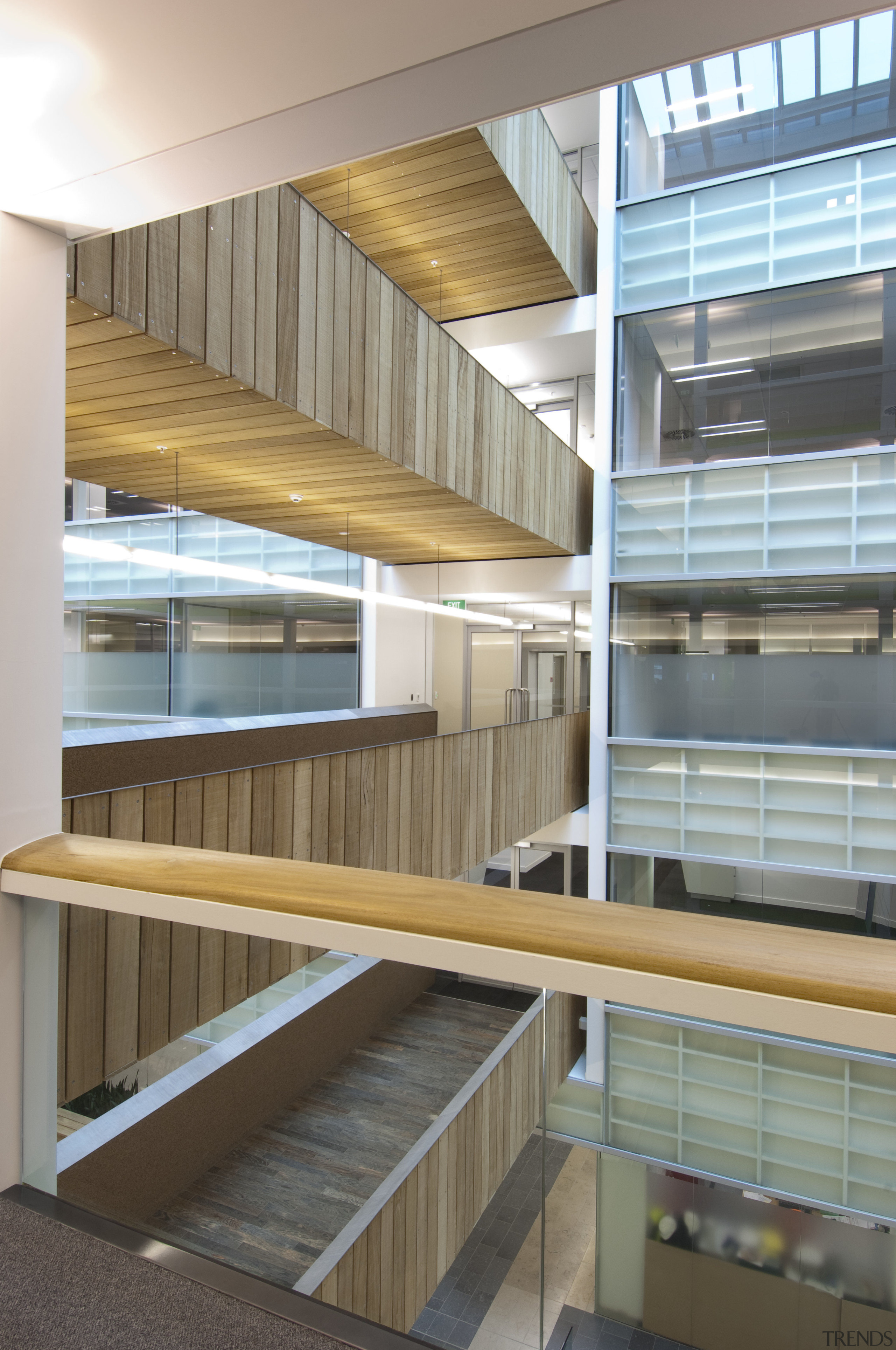 View of the interior of the Vogel Center architecture, daylighting, shelf, shelving, gray