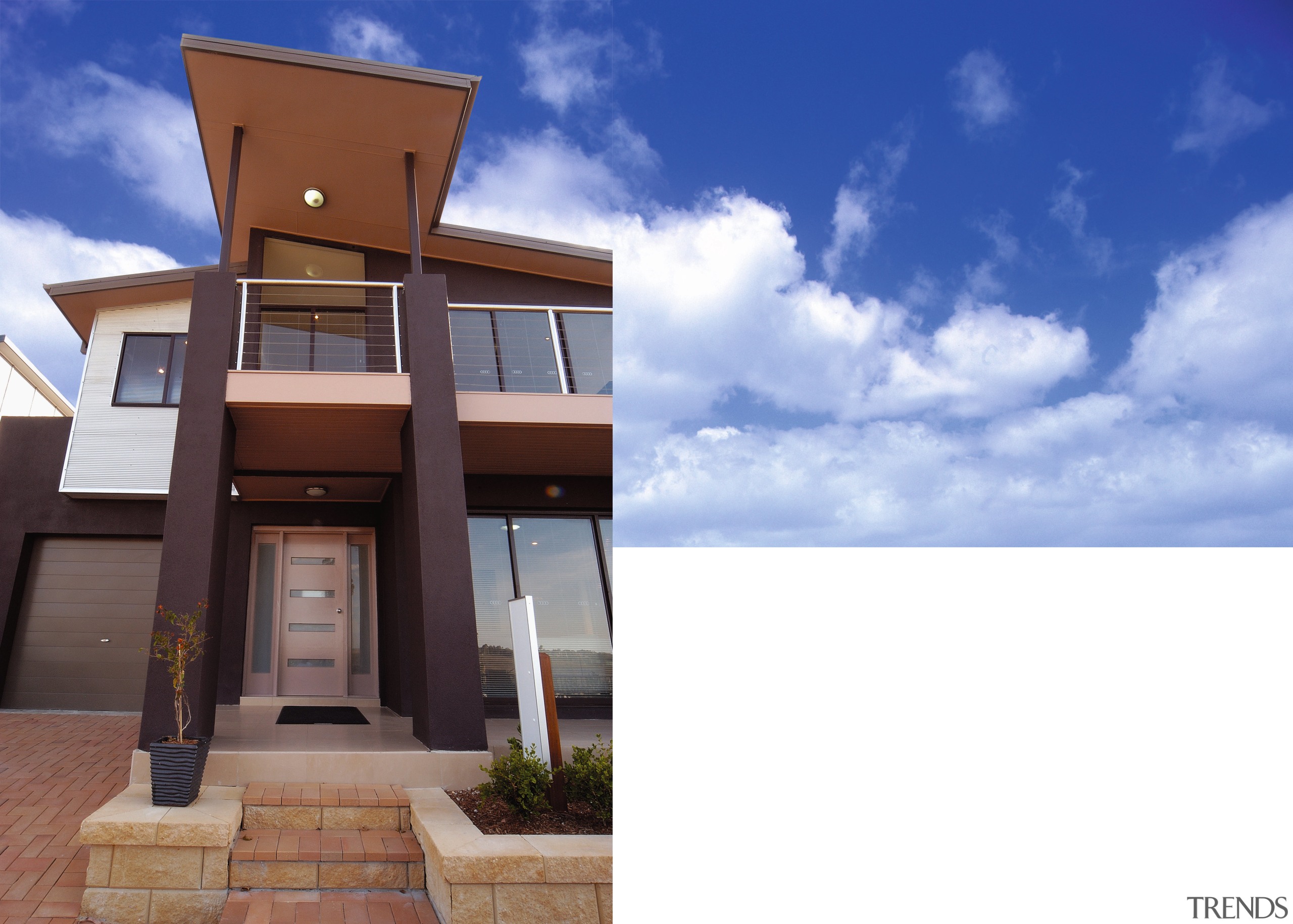 Exterior entranceway of house with brown cladding and architecture, building, elevation, facade, home, house, property, real estate, residential area, sky, blue