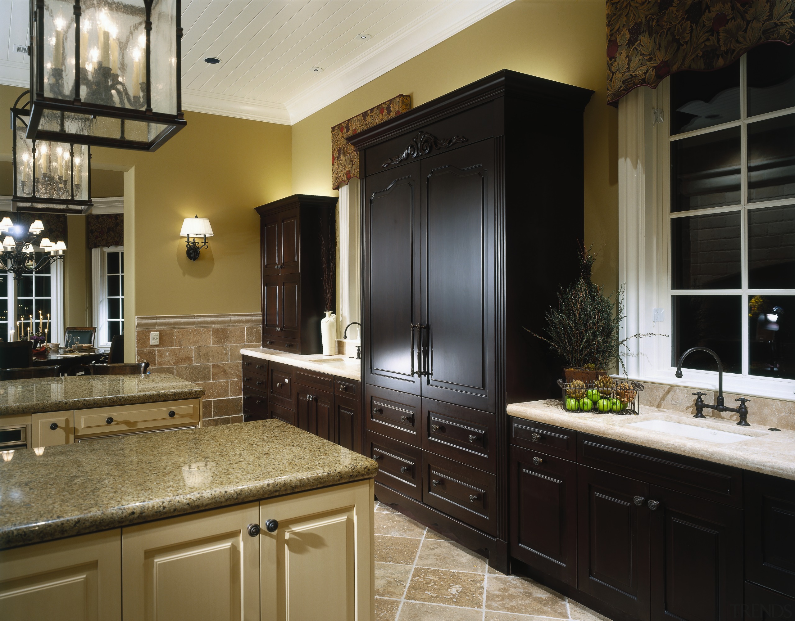 Twin Basins are provided in a single, long, bathroom, cabinetry, countertop, cuisine classique, interior design, kitchen, room, black, brown