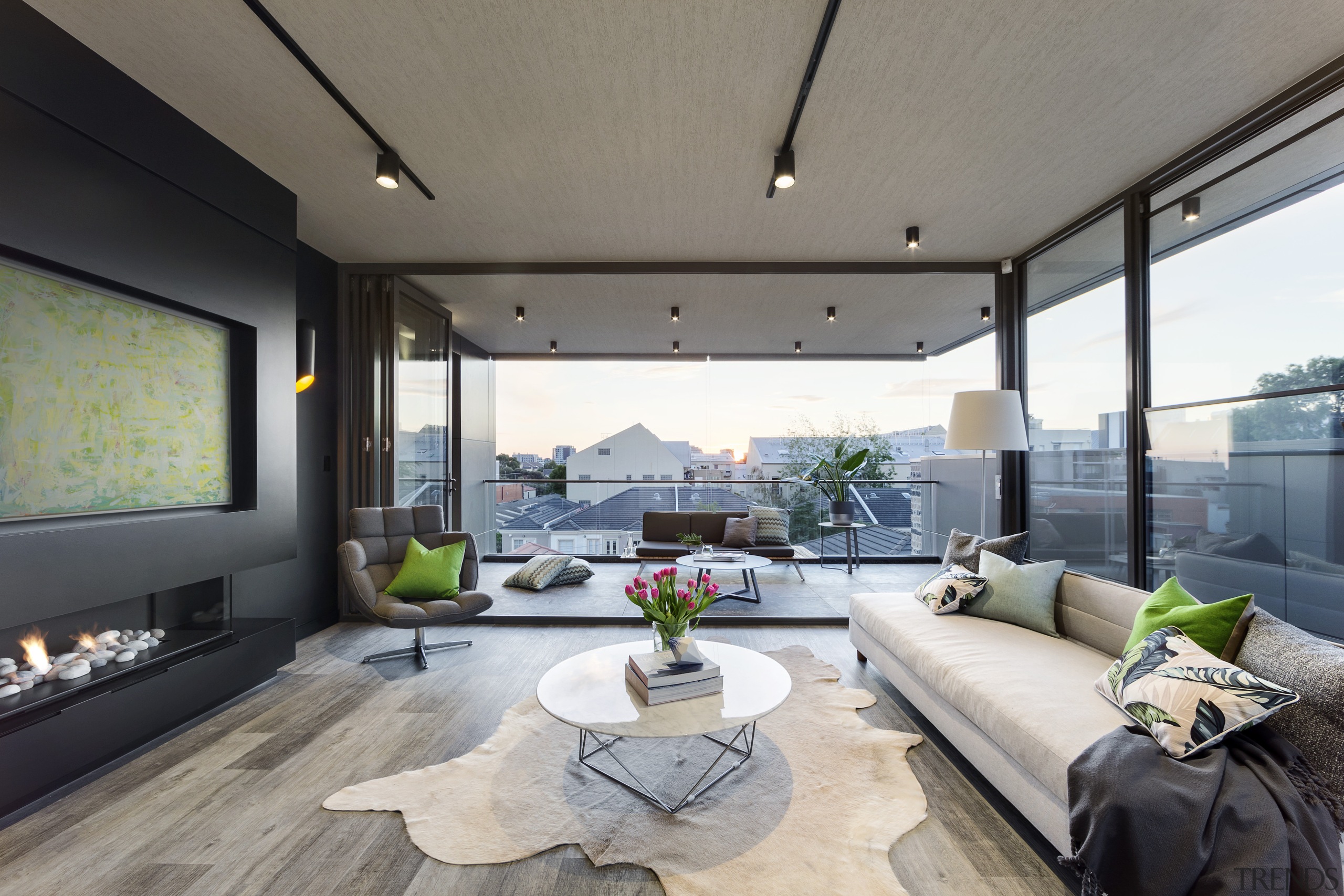 Indoor-outdoor connection a large deck accessed by bifold architecture, estate, home, house, interior design, living room, property, real estate, window, gray