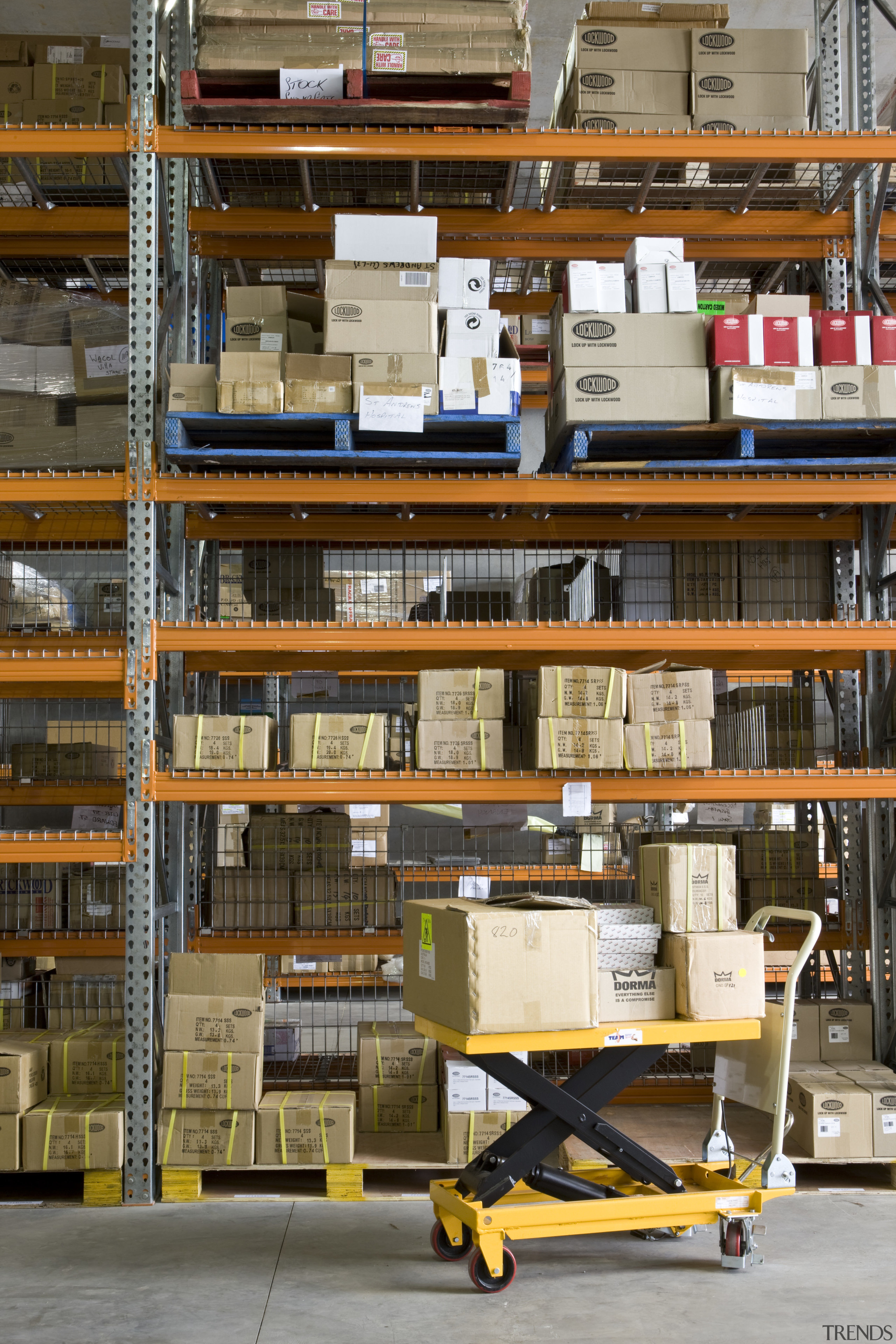 Image of warehouse storage called pallet racking that bookcase, inventory, product, shelf, shelving, warehouse, brown, gray