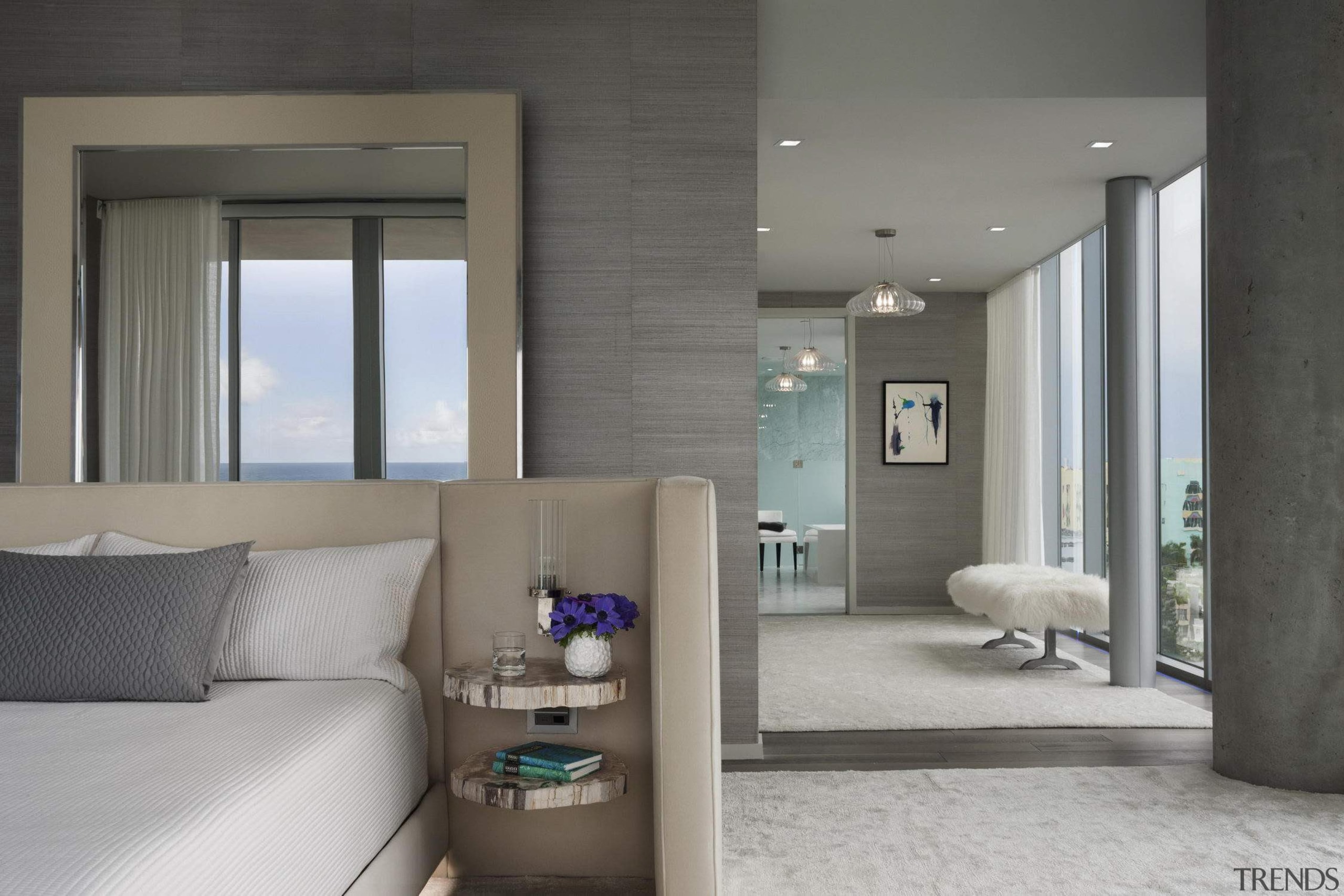 The muted, grey tone interiors of the living apartment, architecture, bedroom, building, ceiling, door, floor, furniture, home, house, interior design, living room, property, real estate, room, suite, table, wall, gray