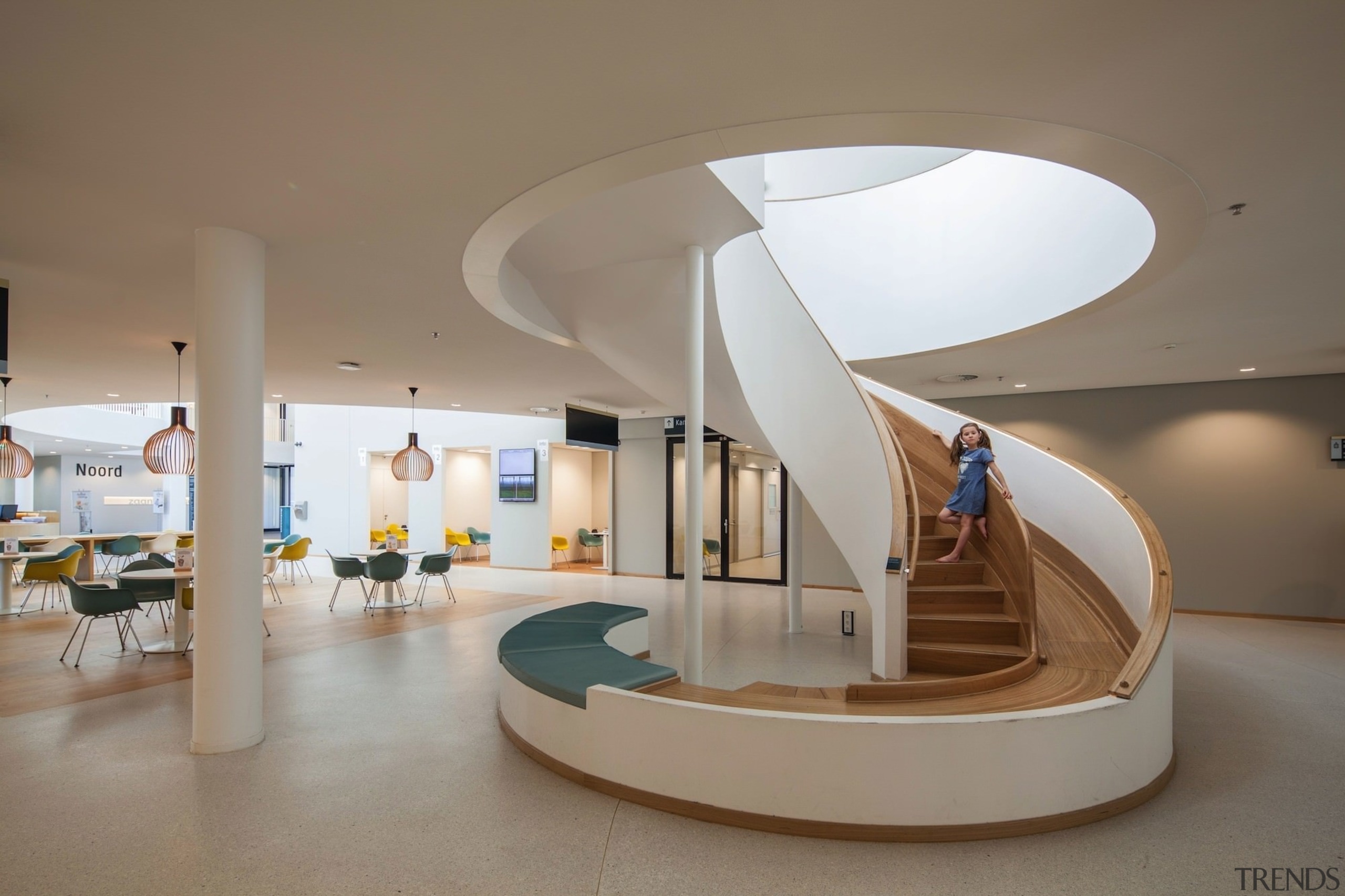 Zaans Medical Centre – Mecanoo - Zaans Medical architecture, ceiling, daylighting, furniture, interior design, lobby, product design, table, gray, brown