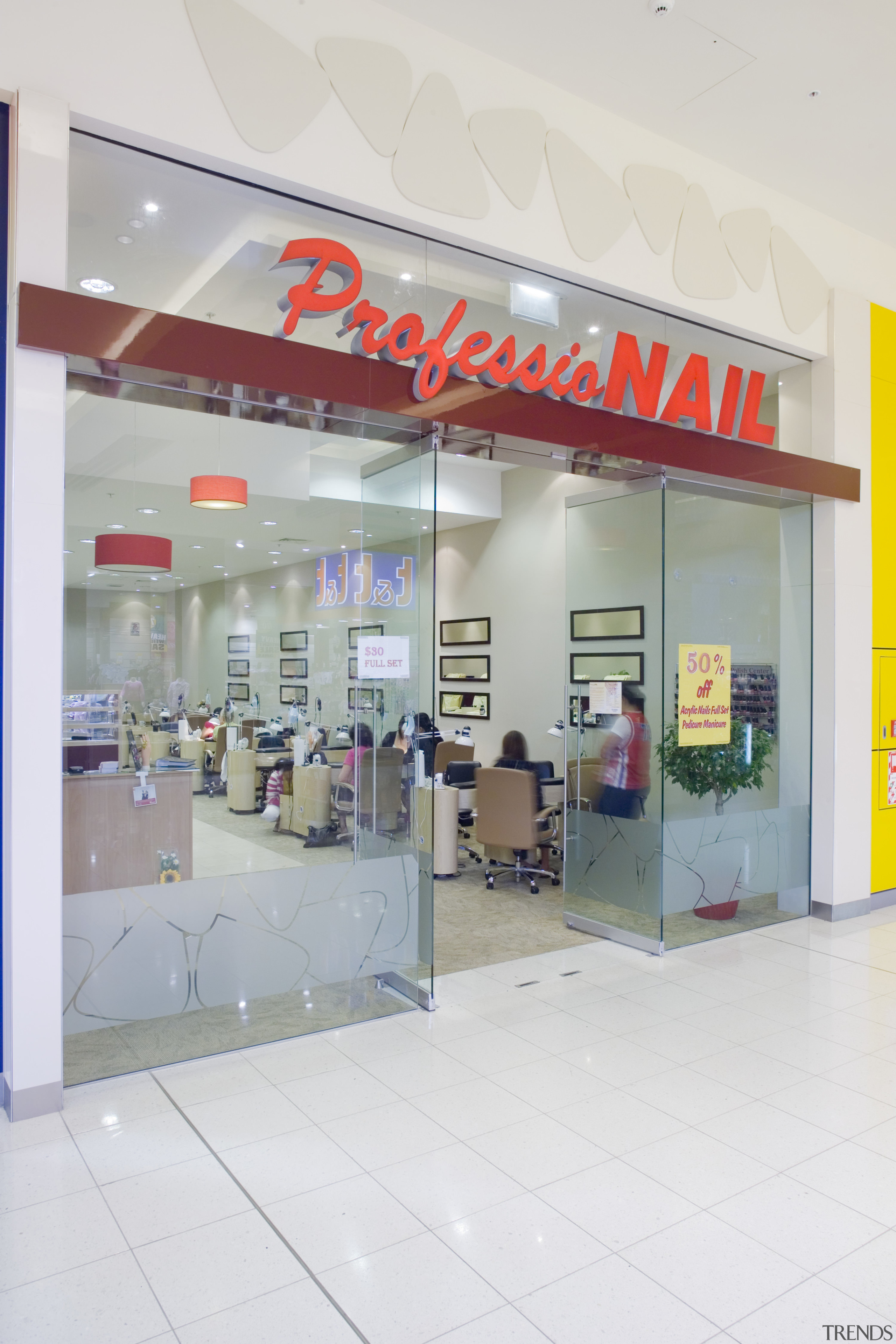 View of retail shop entrance of Professional Nail, outlet store, product, retail, shopping mall, white, gray