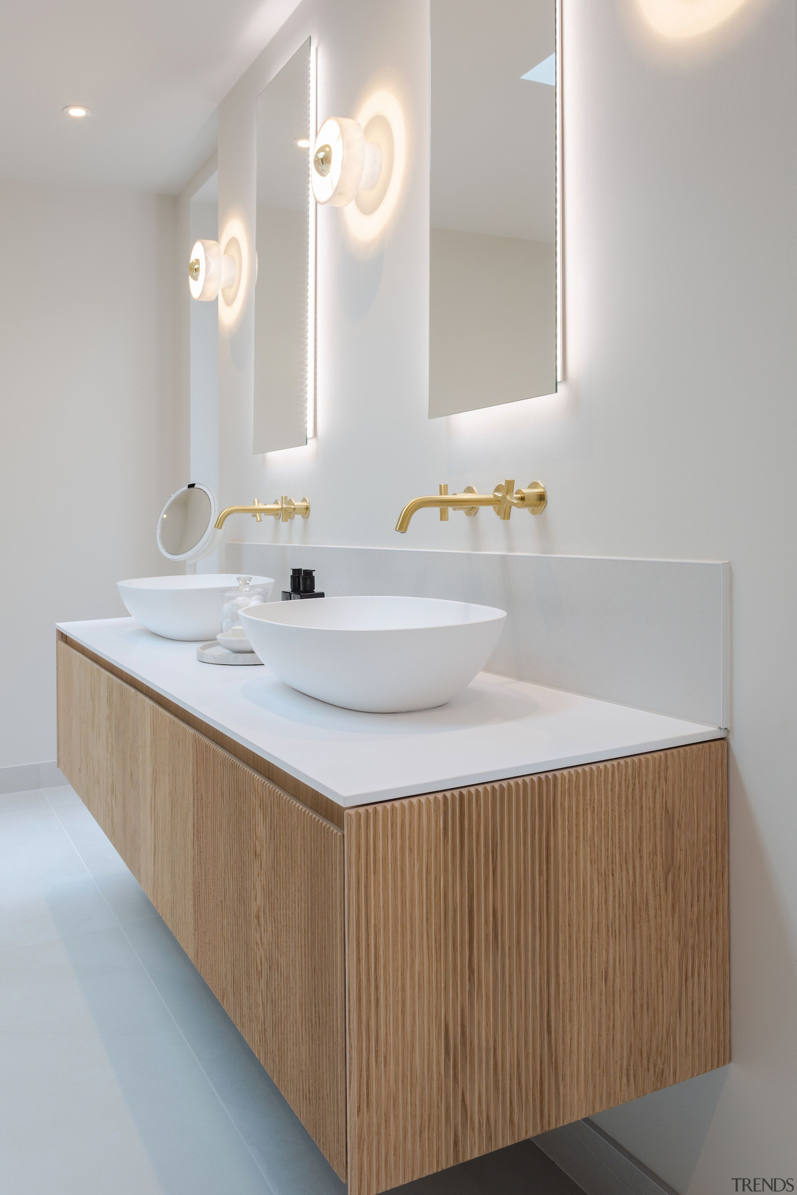 The floating vanity optimises sense of space as 