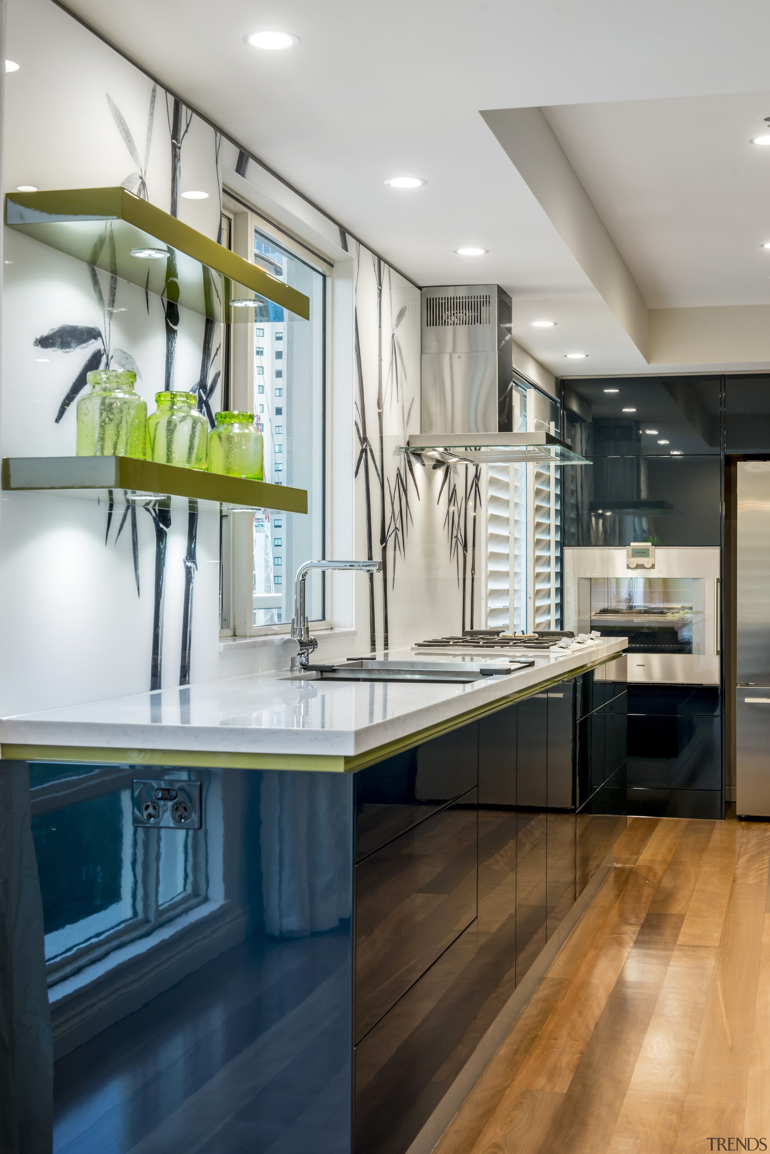 A custom backpainted glass splashback featuring bamboo plants cabinetry, countertop, interior design, kitchen, room, gray