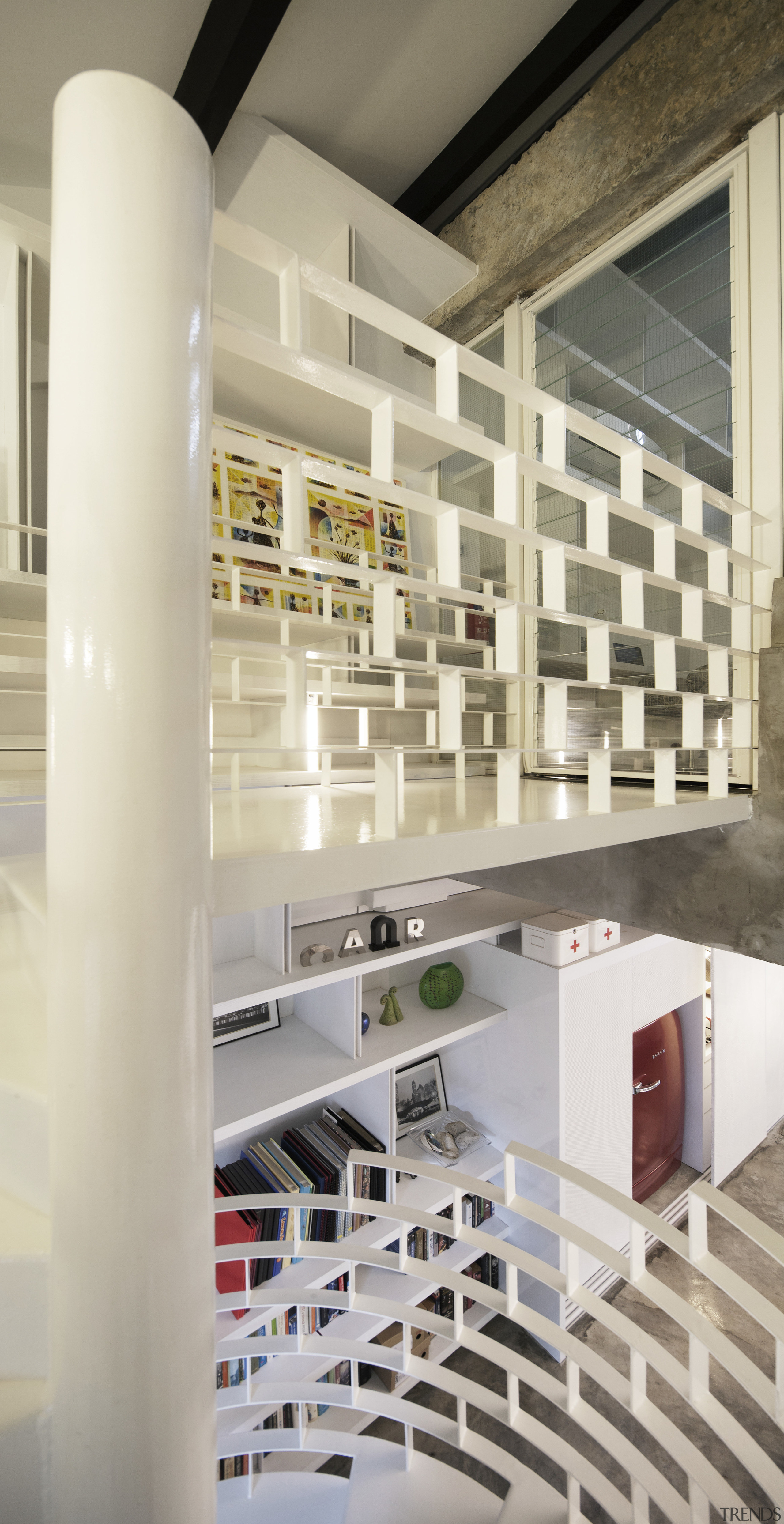 Although most of the interior in this office-apartment architecture, ceiling, floor, flooring, interior design, loft, product design, shelf, shelving, wall, gray