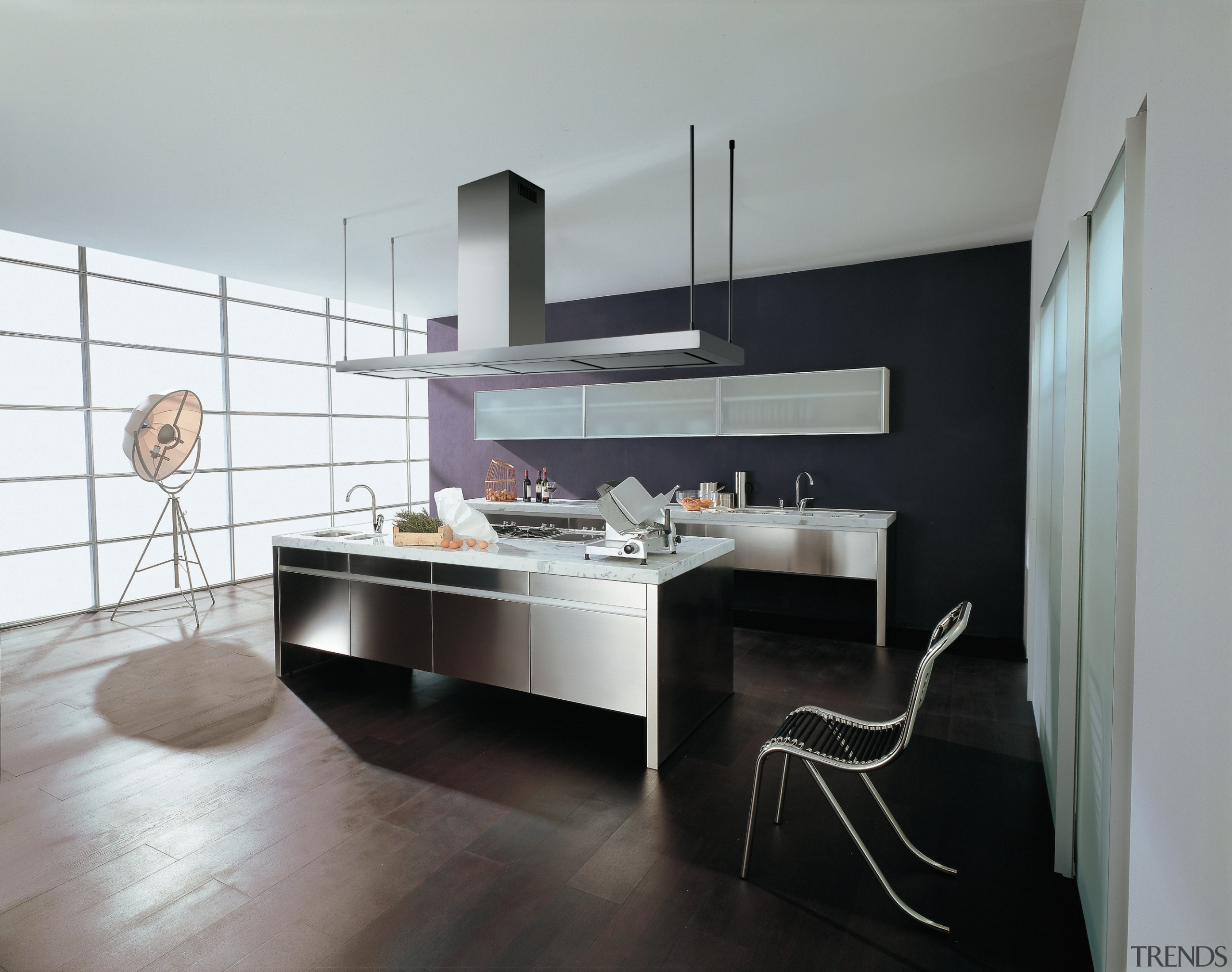 Contemporary kitchen with reflective cabinetry finish, grey benchtops, cabinetry, countertop, floor, flooring, interior design, kitchen, product design, room, gray, white, black