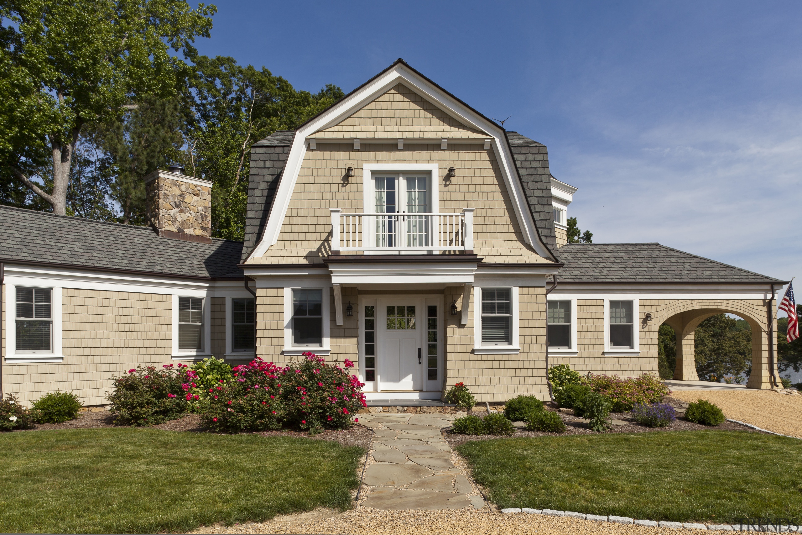 Wood shingles, an asphalt gambrel roof and copper cottage, elevation, estate, facade, farmhouse, historic house, home, house, landscaping, property, real estate, residential area, siding, suburb, window, brown