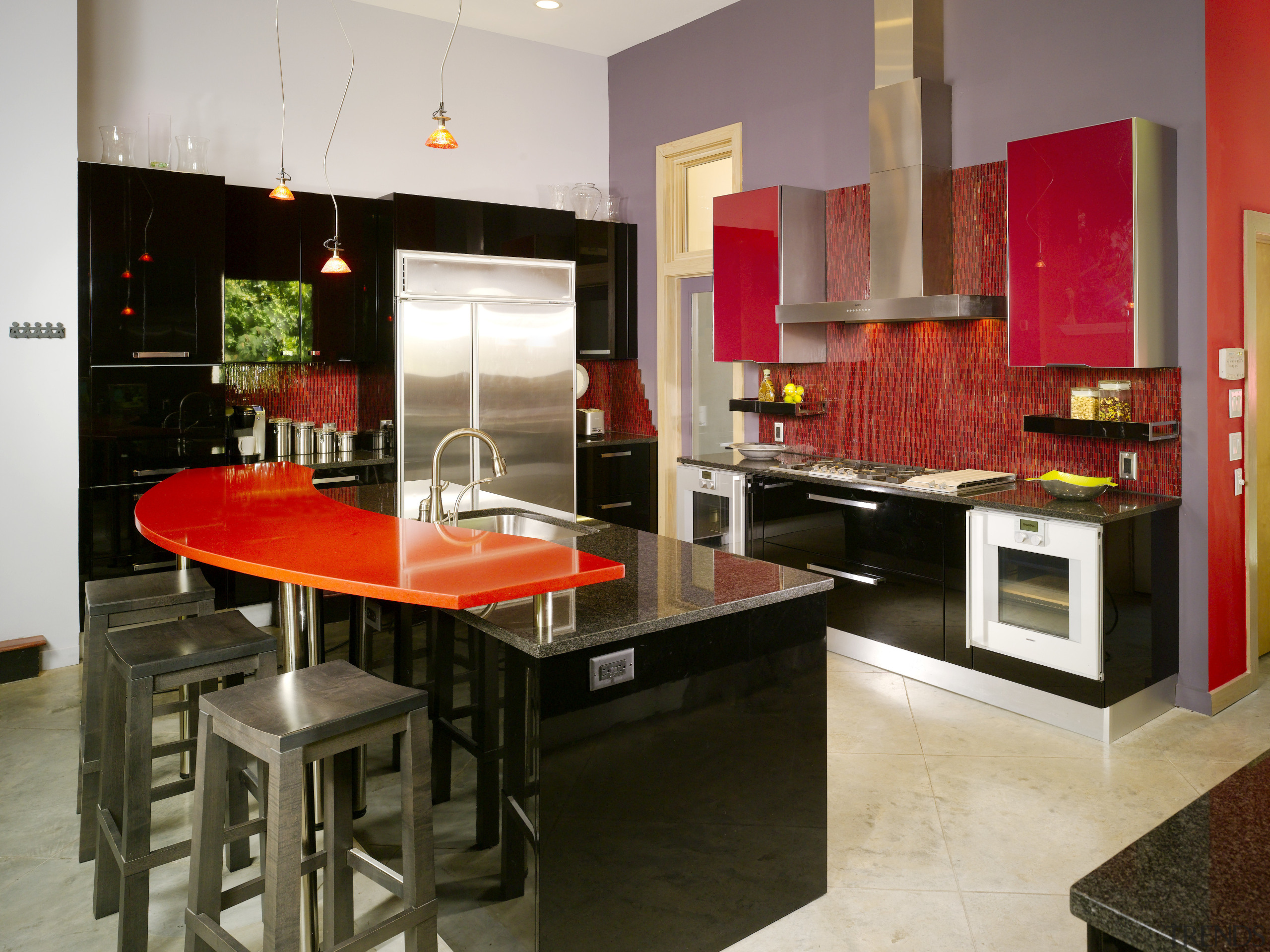 View of kitchen with red feature wall, red countertop, interior design, kitchen, room, table