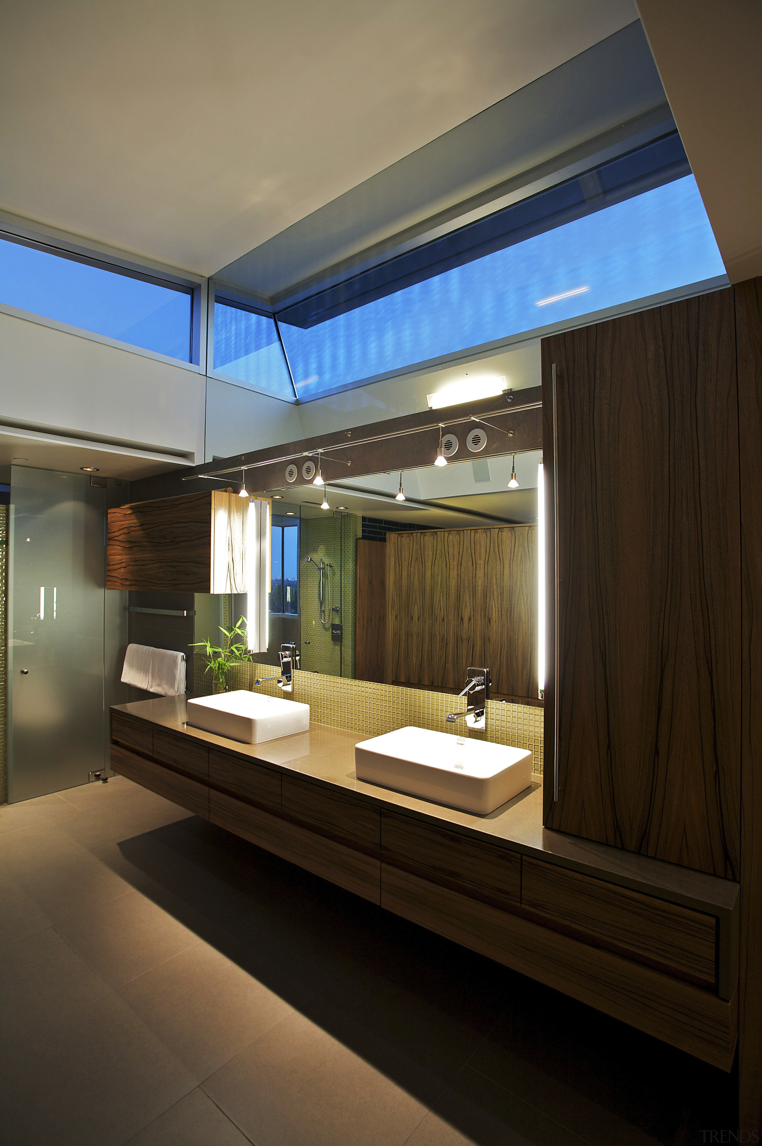 The translucent acrylic doors allow natural light to architecture, ceiling, house, interior design, lighting, brown, black