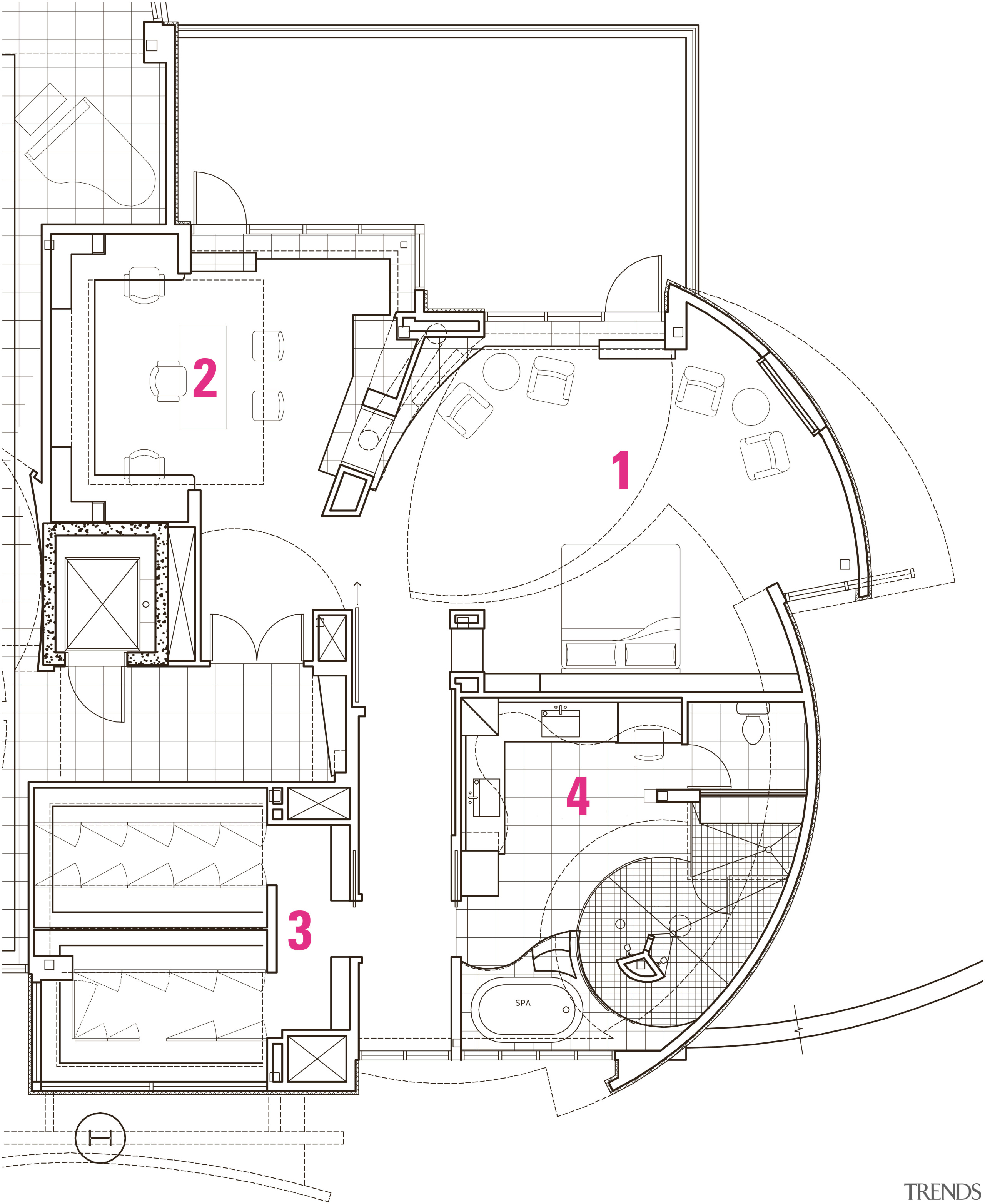 View of the master suite, bed, fireplace, recessed architecture, area, artwork, design, diagram, drawing, floor plan, line, line art, plan, product, product design, technical drawing, white