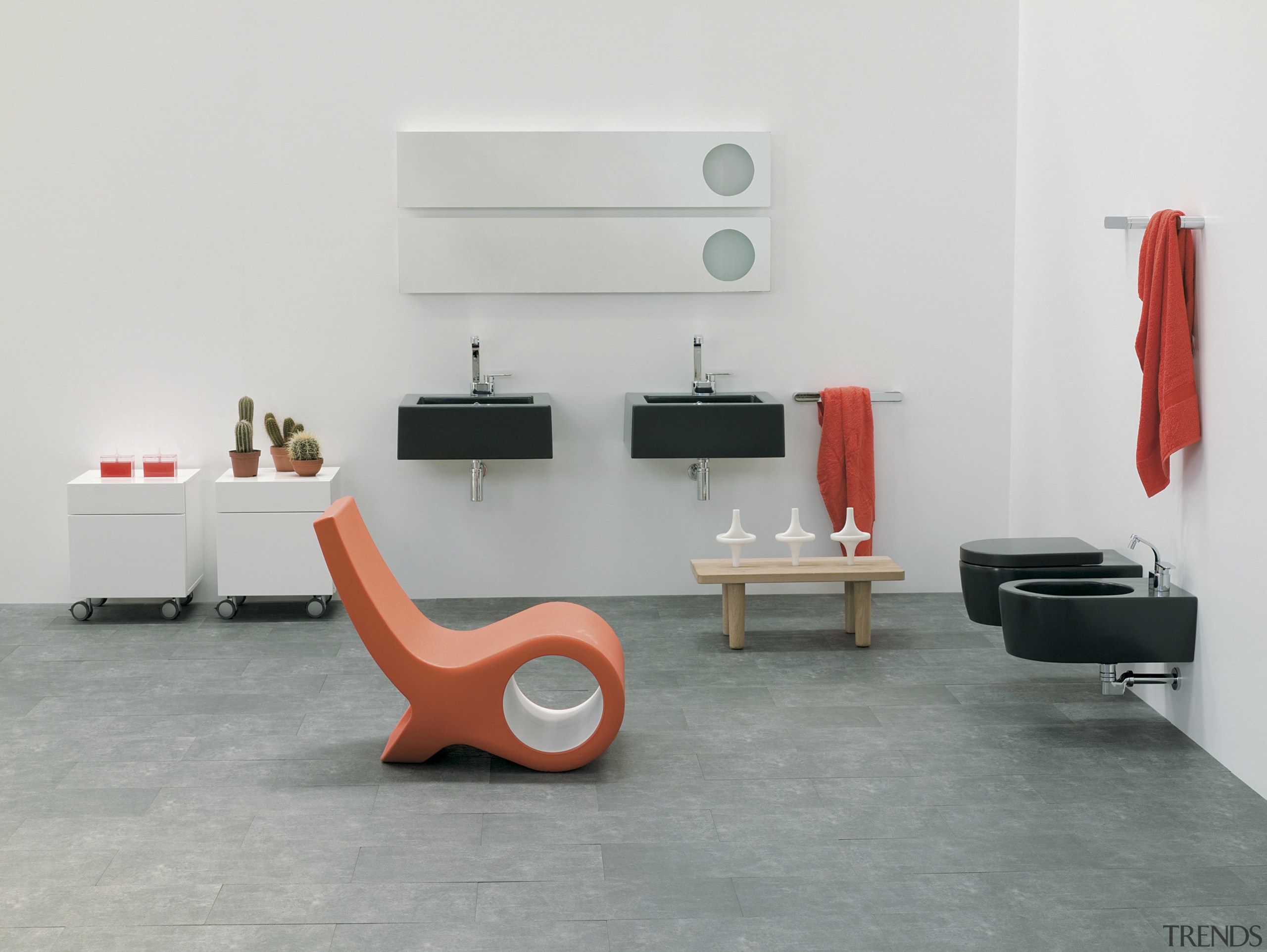 black and orange colours in simple bathroom display, chair, floor, flooring, furniture, interior design, product design, table, white, gray