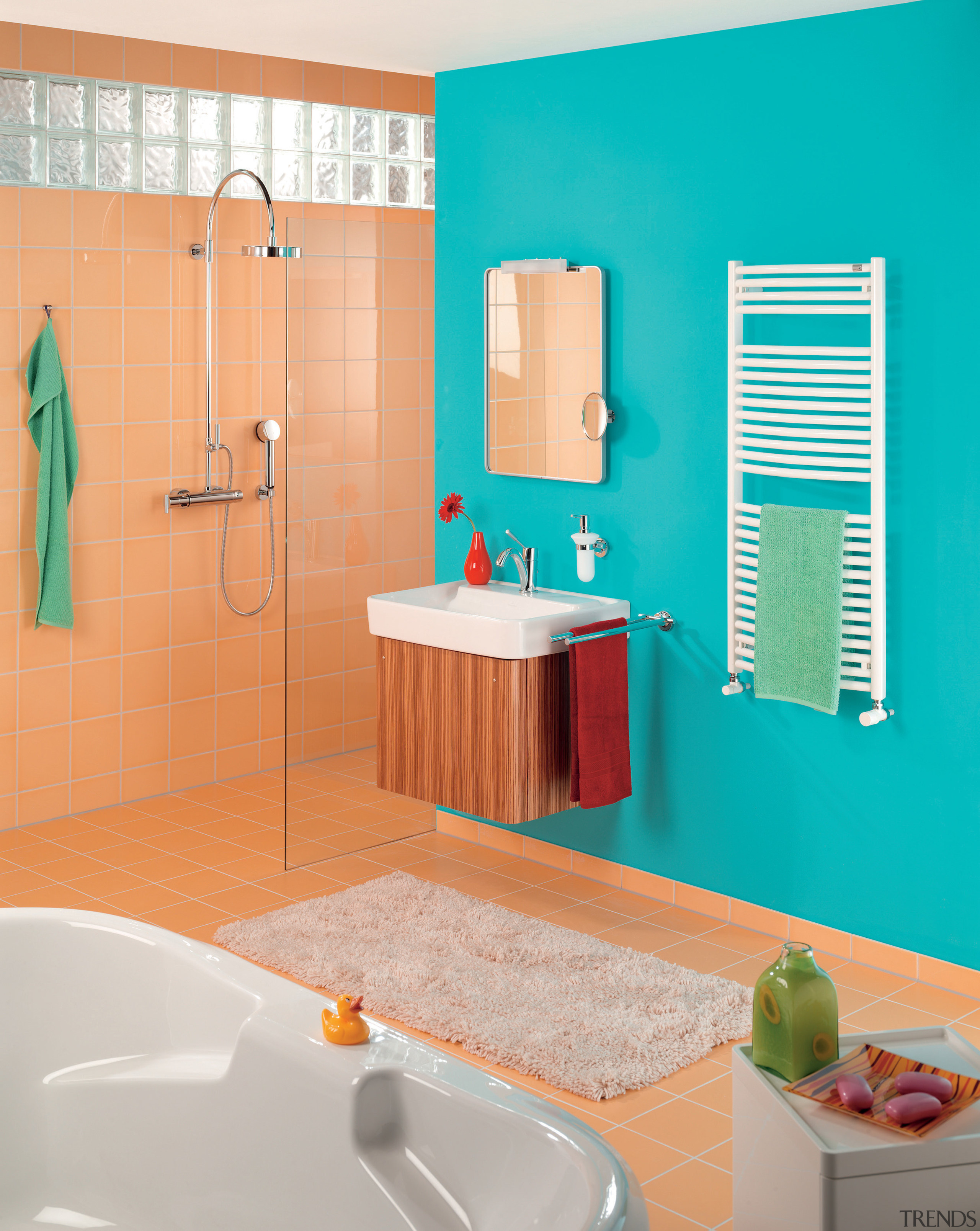 View of bathroomware by Zehnder America - View bathroom, bathroom accessory, bathroom cabinet, floor, flooring, interior design, plumbing fixture, product, product design, room, tile, wall, orange, teal, gray