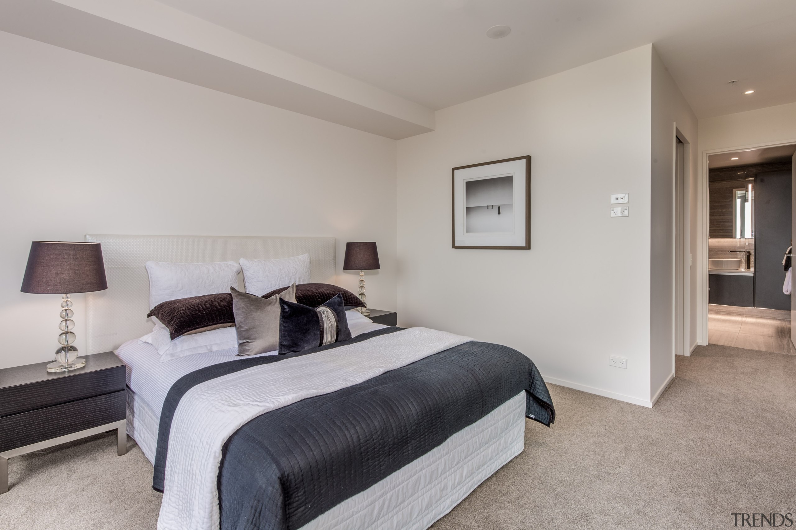 Master bedroom with ensuite - Master bedroom with bed frame, bedroom, ceiling, estate, floor, flooring, home, interior design, property, real estate, room, wall, gray