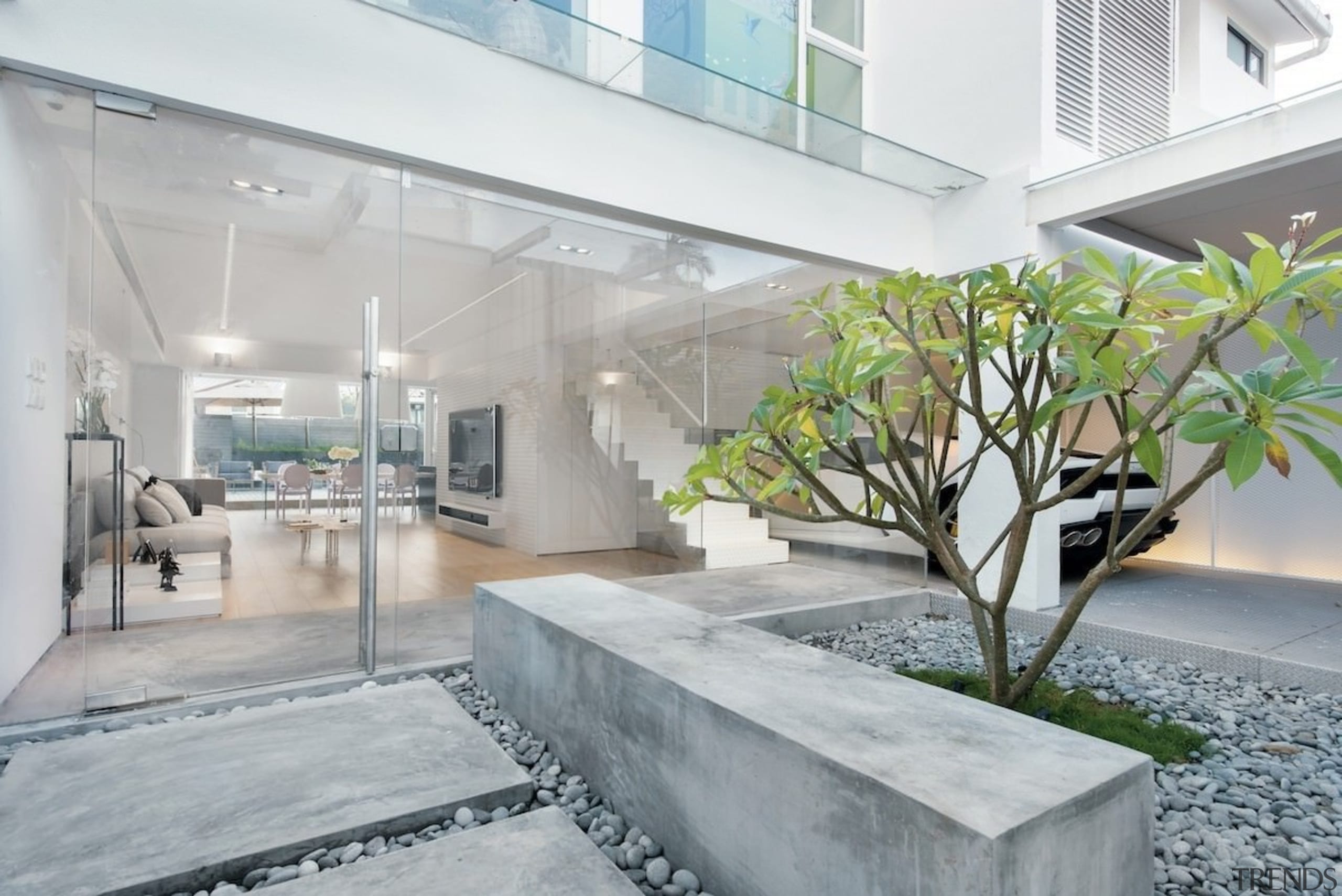 The home's internal courtyard is an ideal place apartment, architecture, condominium, courtyard, estate, home, house, interior design, property, real estate, gray