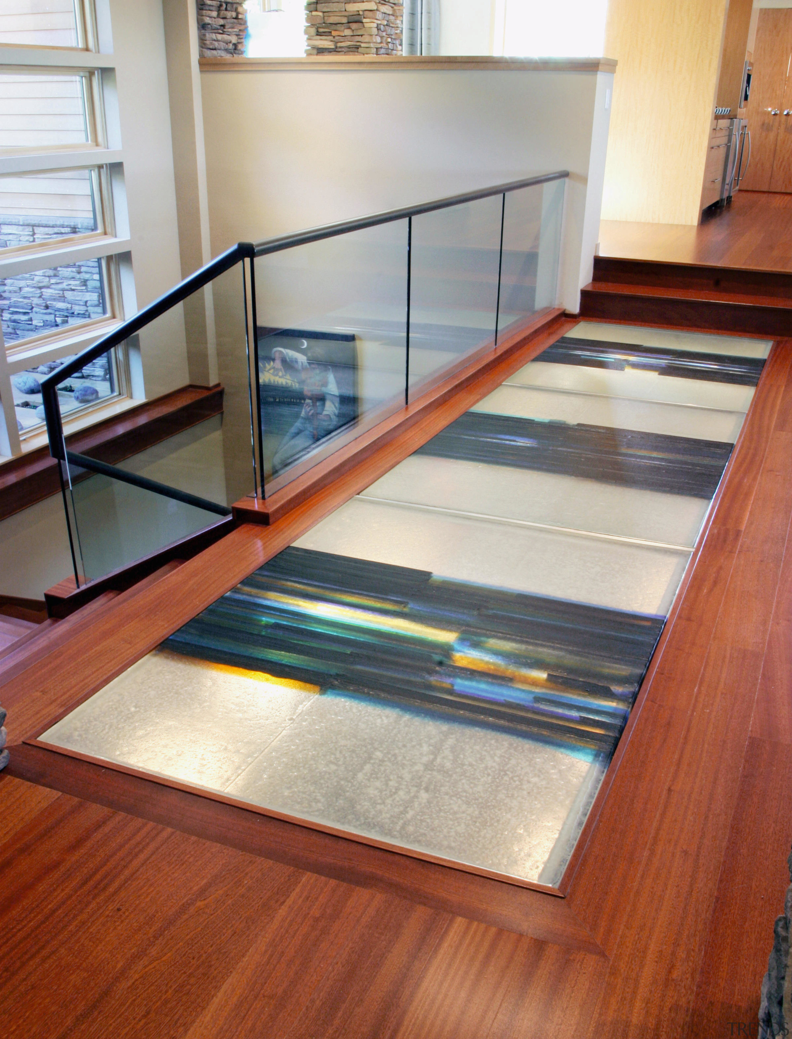 A view of some glass casting by Walter daylighting, floor, flooring, furniture, glass, handrail, hardwood, interior design, laminate flooring, stairs, table, wood, wood flooring, wood stain, gray, red