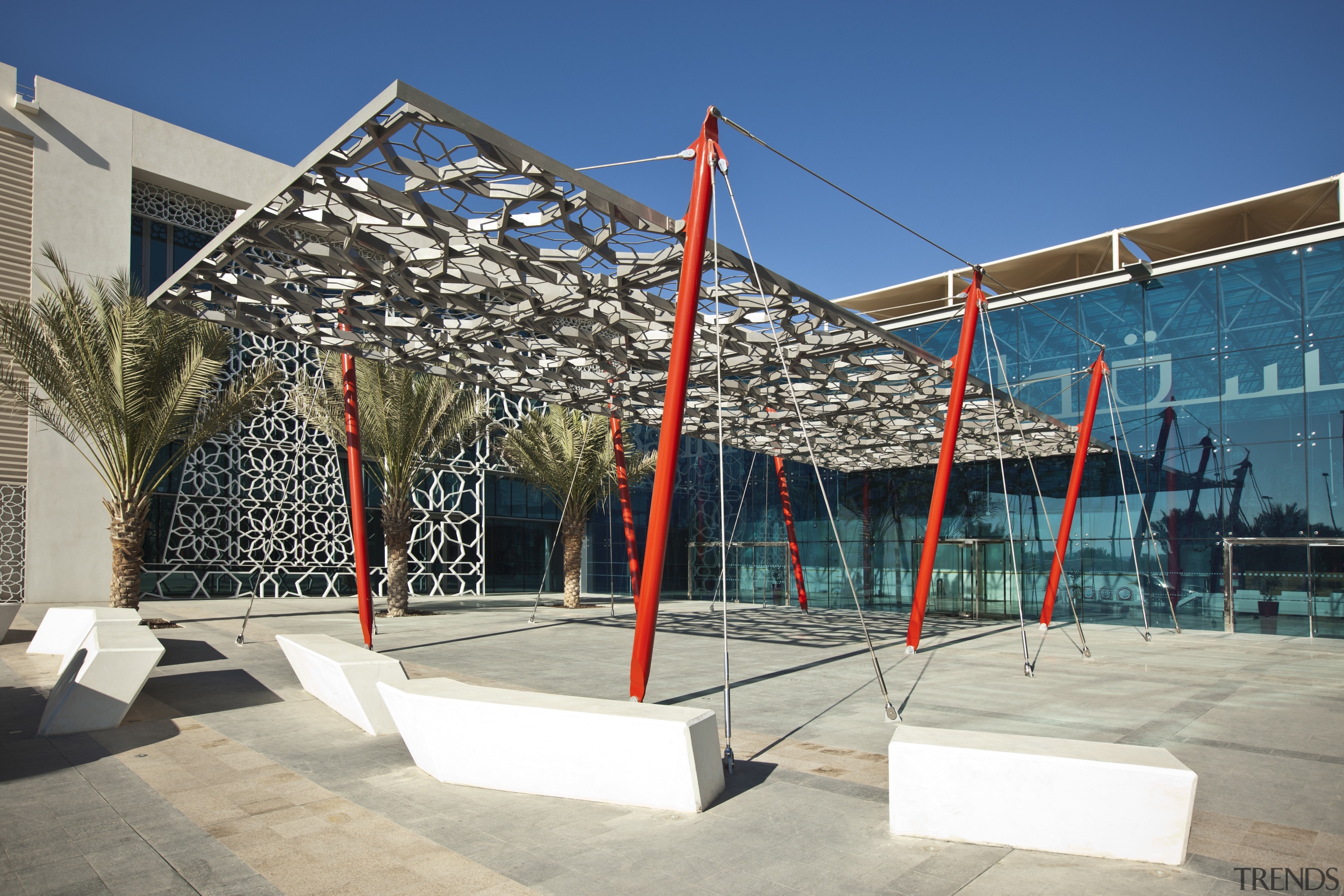 View of exterior with red beams and white architecture, building, structure