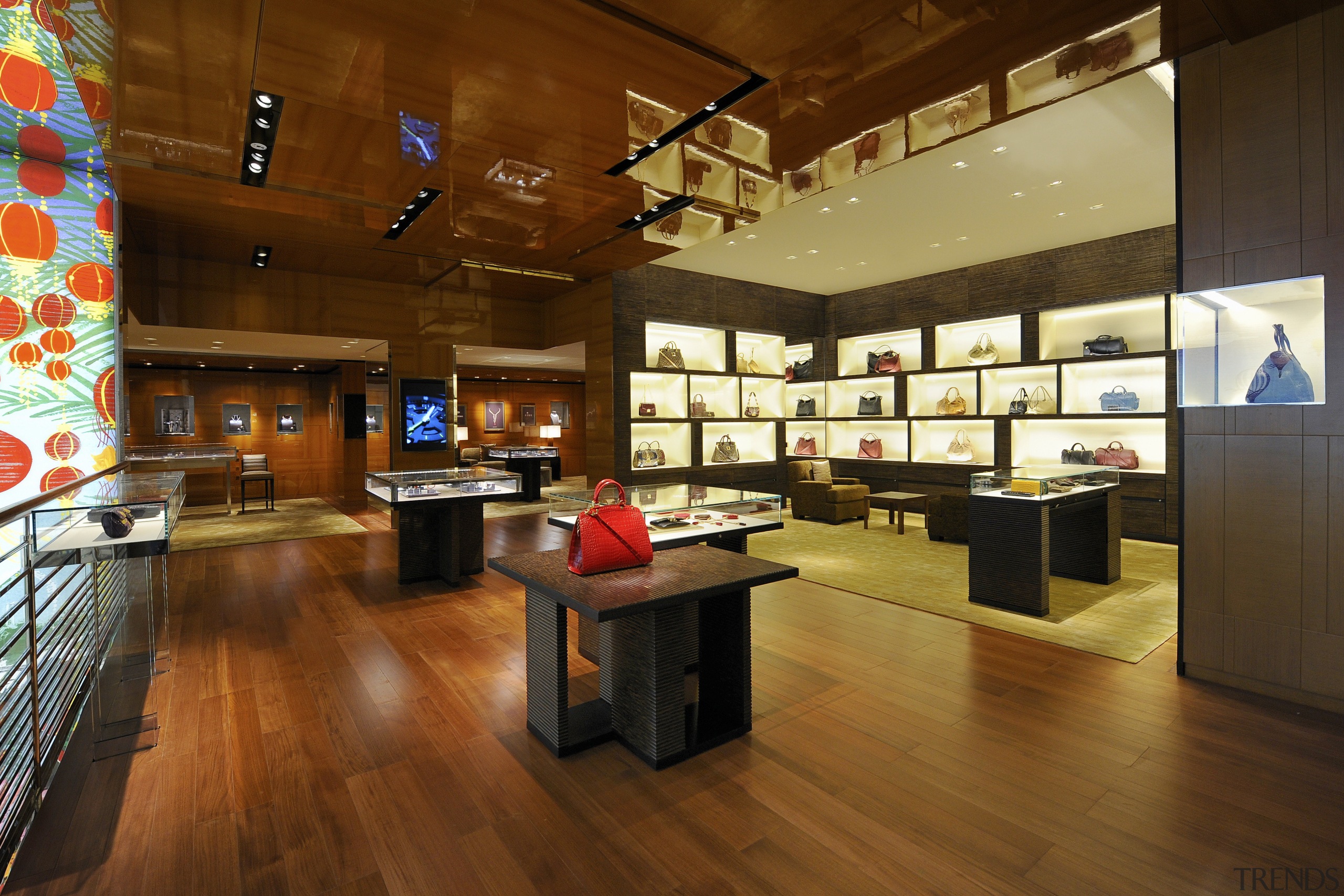 Louis Vuitton product is displayed within eye-catching illuminated flooring, interior design, wood, brown