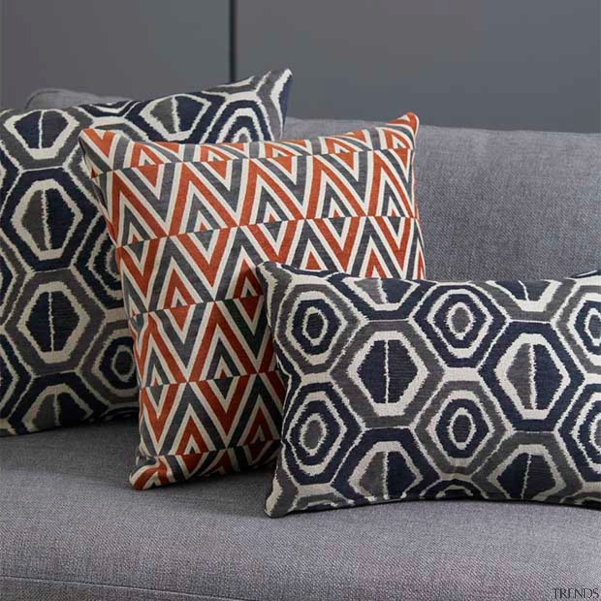 Relaxed and contemporary, Ortega is a decorative collection cushion, pattern, pillow, rectangle, textile, throw pillow, gray, black