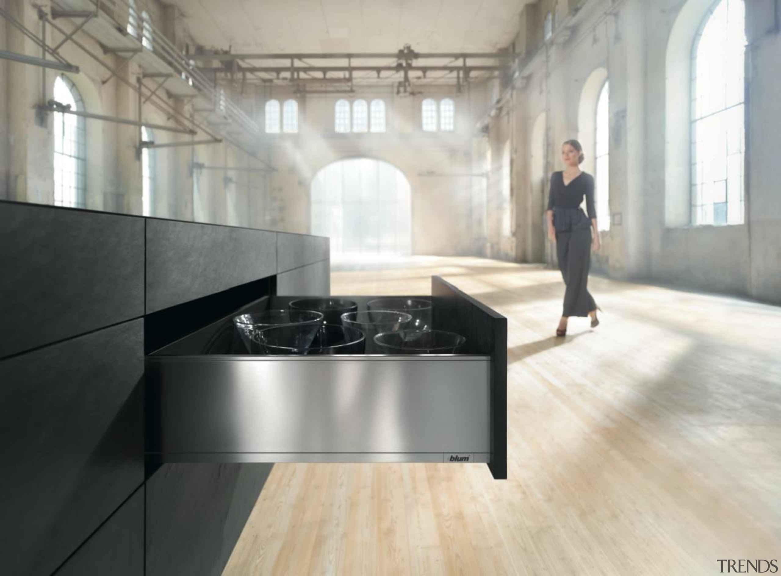 The new Legrabox drawer system from Blum boasts floor, flooring, furniture, interior design, table, white, gray