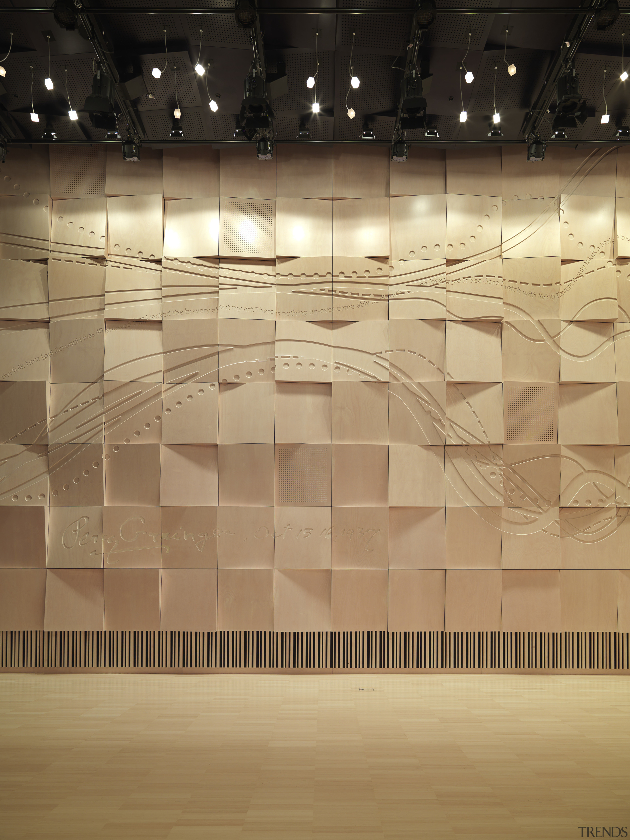 View of a feature wall which has acoustic architecture, ceiling, daylighting, design, floor, flooring, interior design, light, lighting, line, tourist attraction, wall, wood, orange, brown