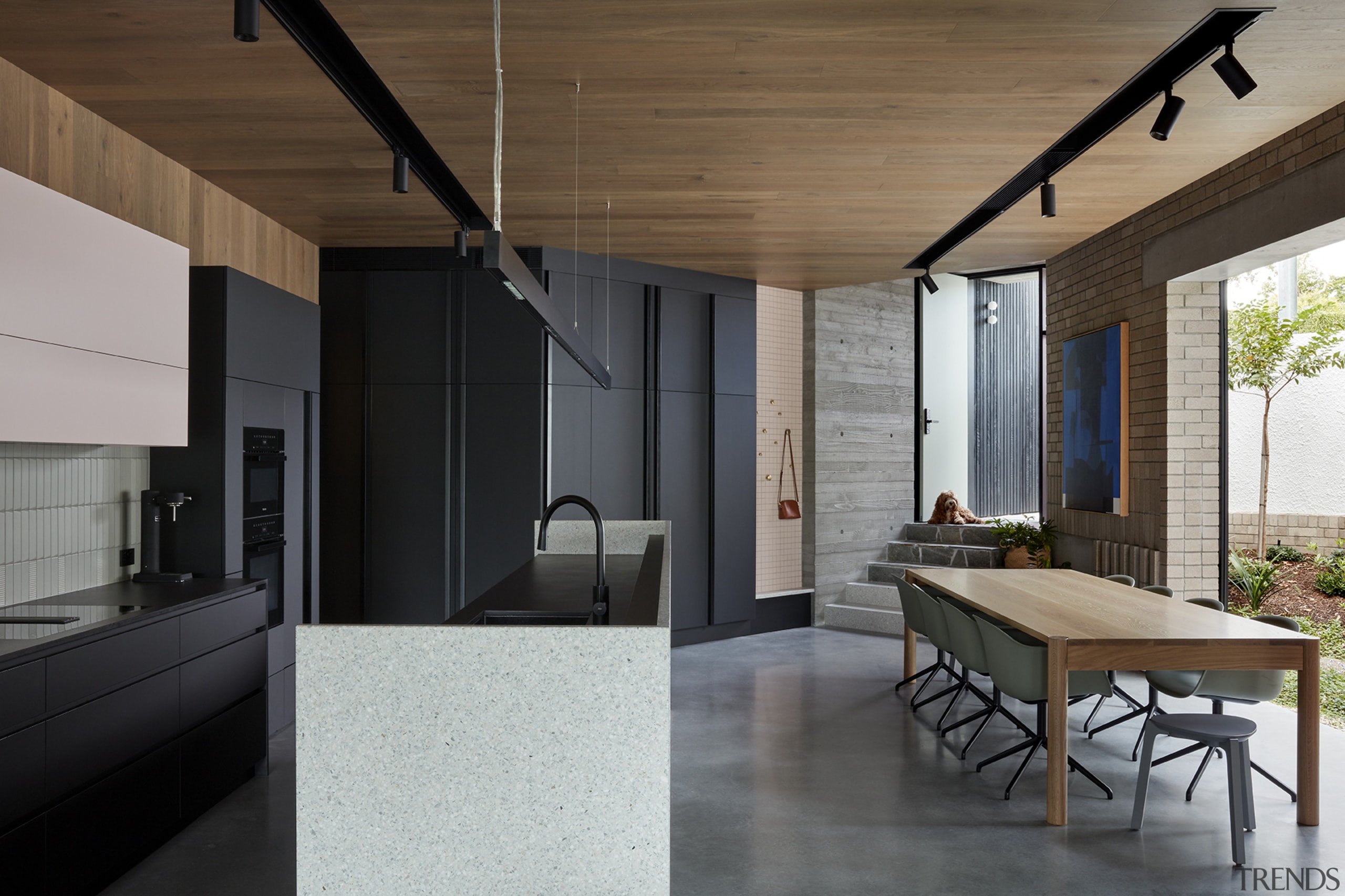 The kitchen and dining area, with the home's 