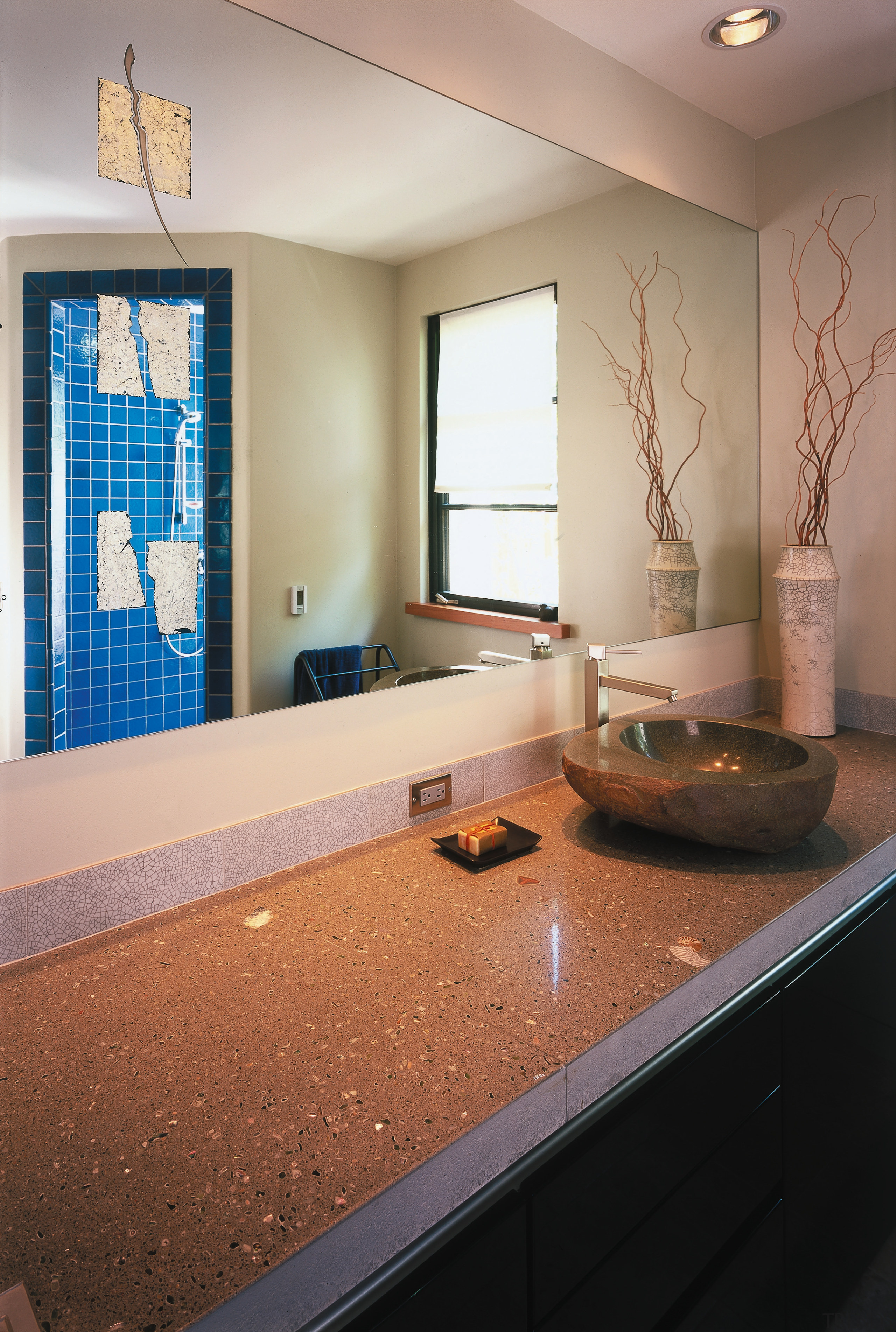 A view of a bathroom by Chadine Interior architecture, bathroom, ceiling, countertop, daylighting, floor, flooring, home, house, interior design, real estate, room, sink, window, gray, brown