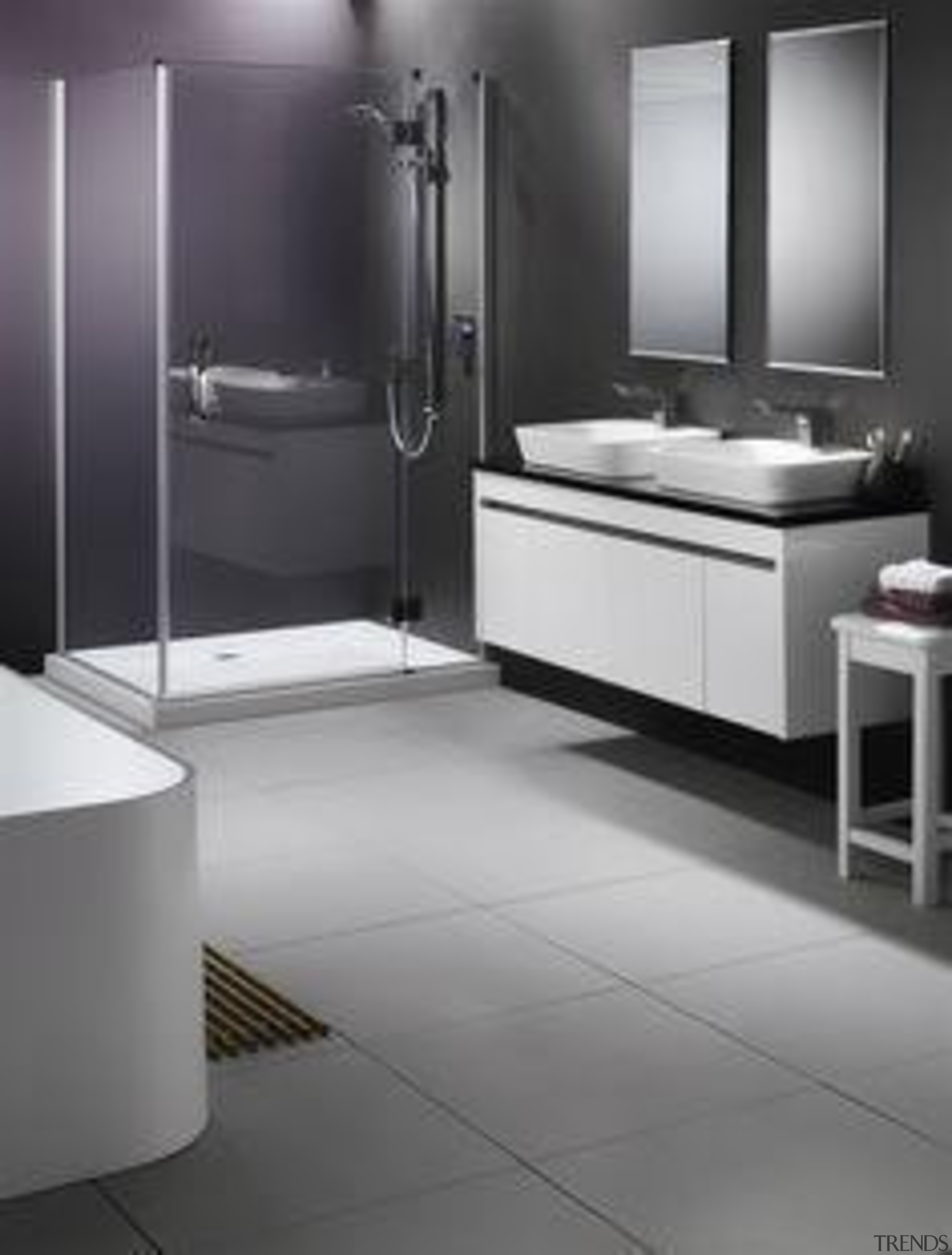 Wall featuring Laminam Collection Uva(Purple) and Naturali Basalto angle, bathroom, bathroom accessory, floor, flooring, interior design, plumbing fixture, product, product design, room, sink, tap, tile, gray, black