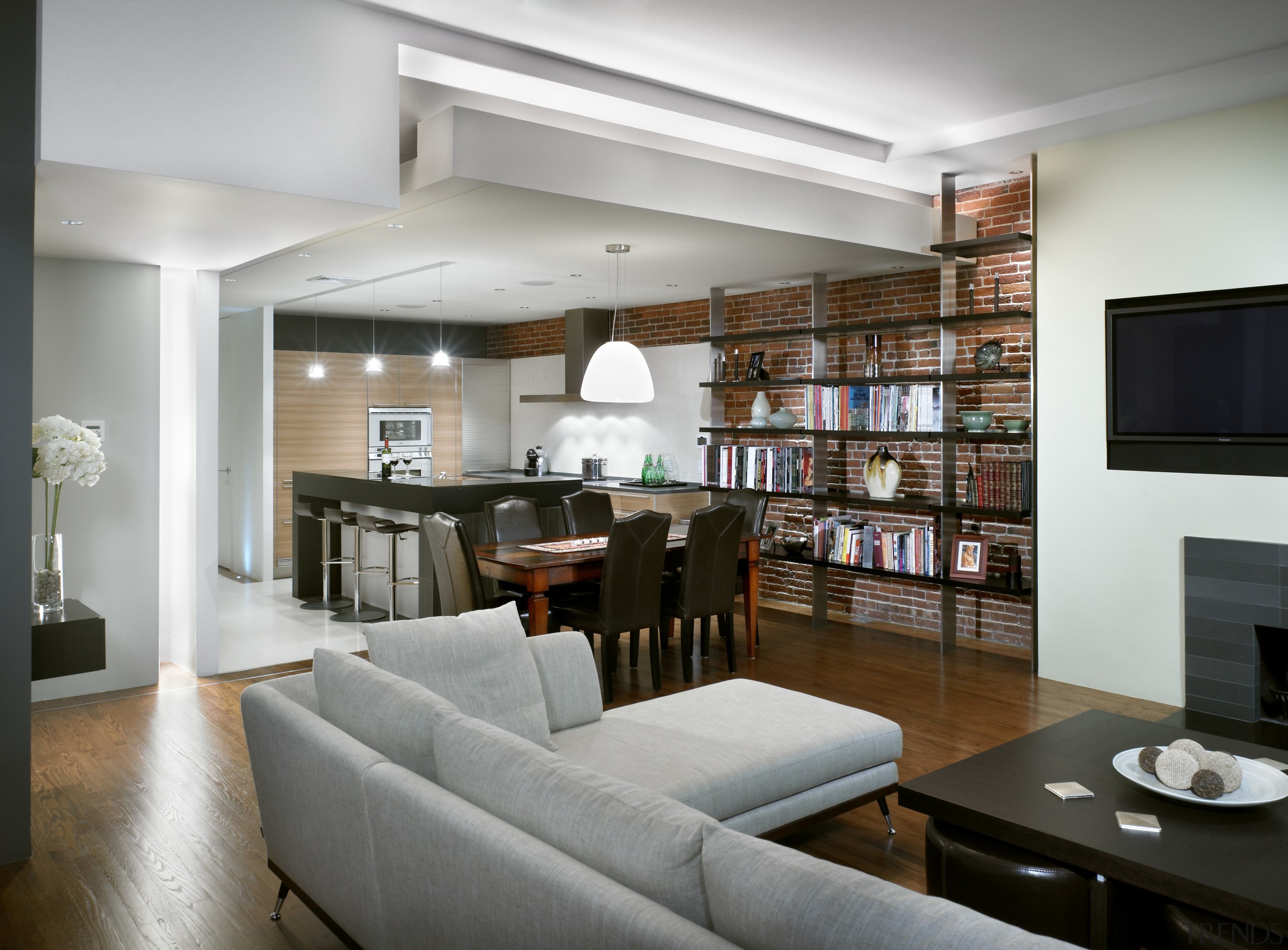 View of dining and renovated kitchen area which apartment, interior design, living room, real estate, room, gray