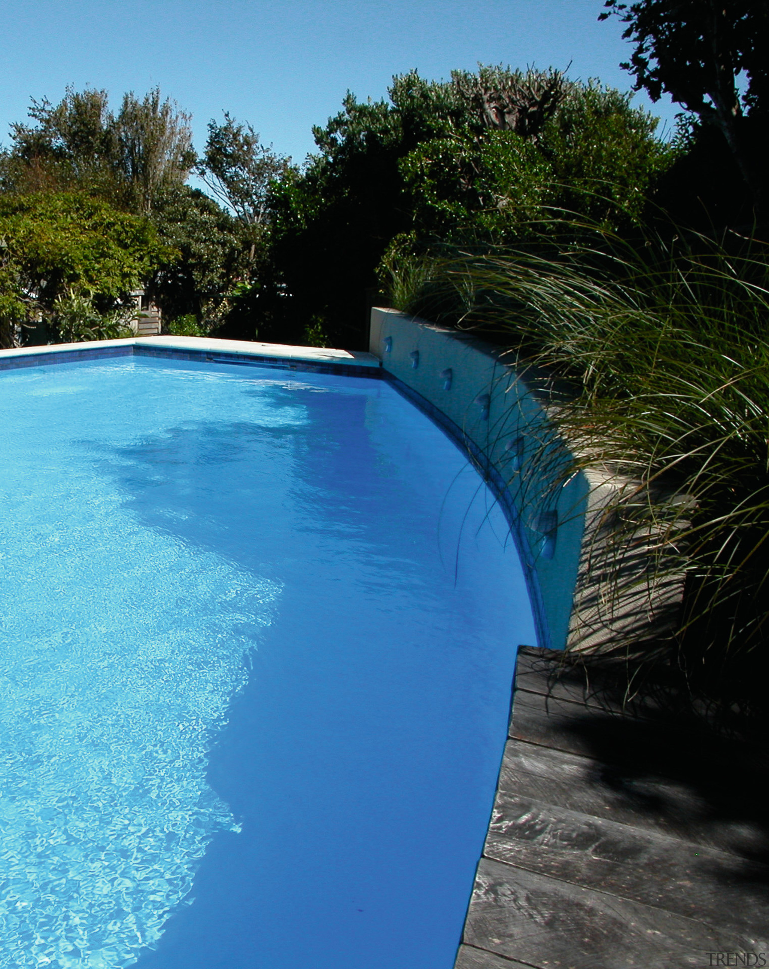 Blue pool with long curved raised wall with leisure, reflection, sky, swimming pool, tree, water, water resources, teal, black