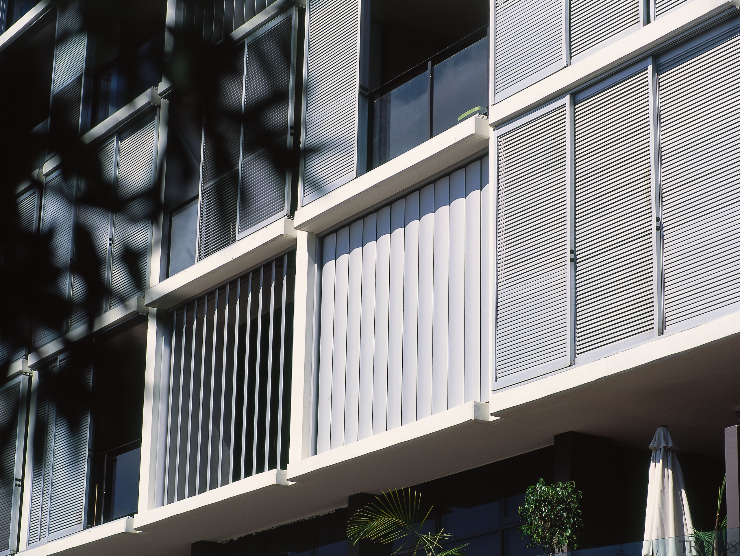 view oof the luxalon sun louvres - view architecture, balcony, baluster, building, daylighting, daytime, facade, glass, handrail, house, line, siding, structure, window, black, white