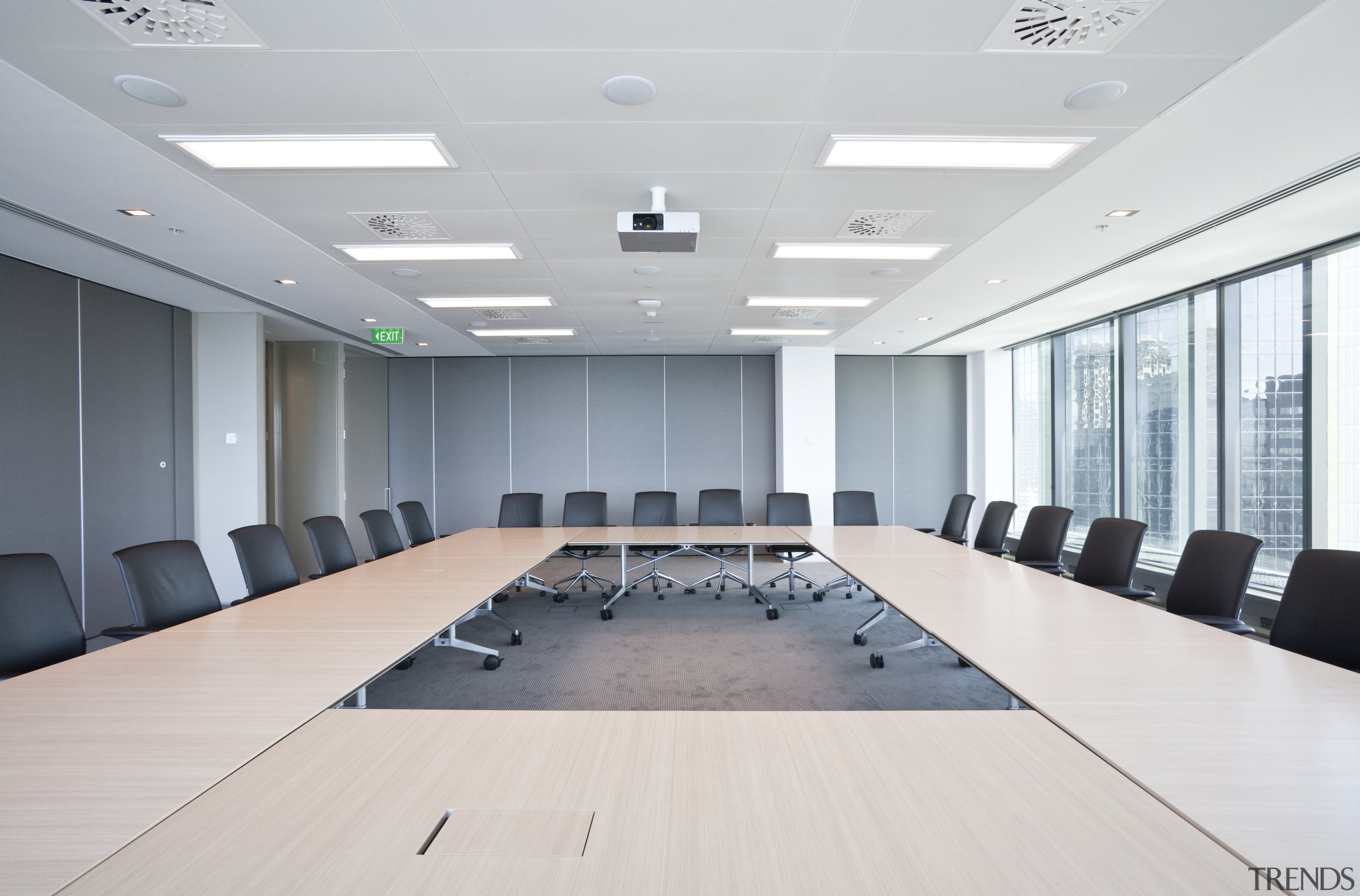 View of contemporary boardroom table from Wilkhan Pacific. ceiling, conference hall, daylighting, floor, function hall, interior design, office, table, gray, white