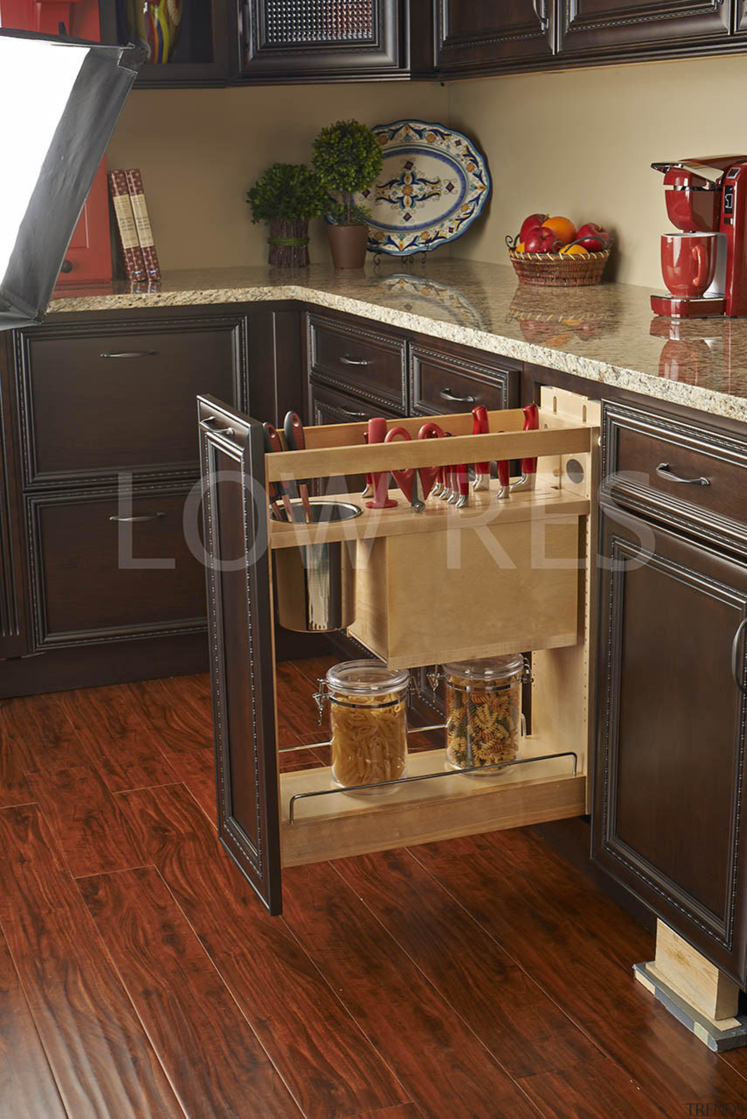 Rev-A-Shelf kitchen storage solutions - Rev-A-Shelf kitchen storage cabinetry, countertop, drawer, floor, flooring, furniture, hardwood, kitchen, shelf, shelving, table, wood, wood flooring, wood stain, brown