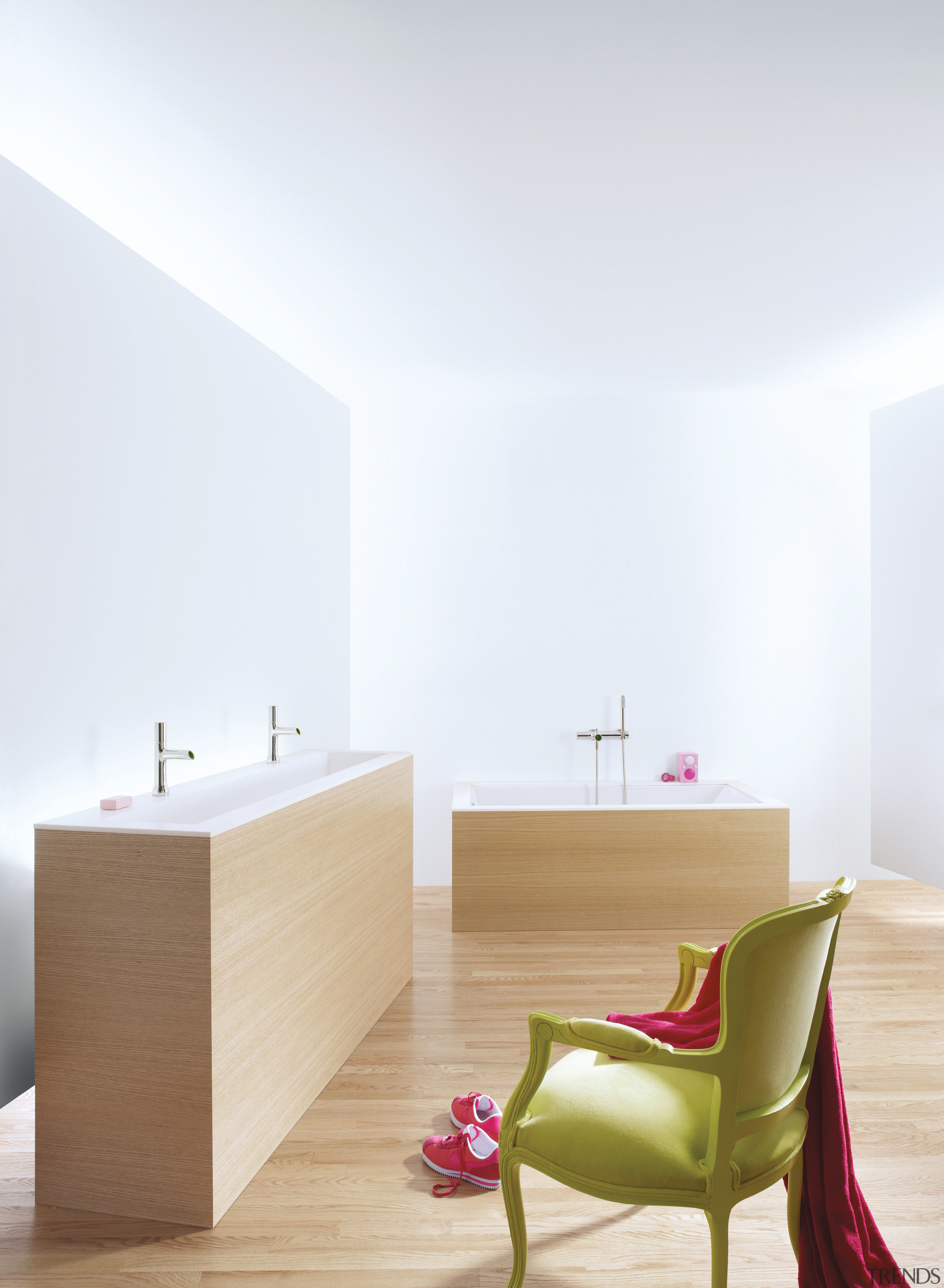 This sleek, contemporary bathroom showcases Toobi tapware by architecture, bathroom, bathroom sink, floor, furniture, interior design, product design, table, tap, wall, white