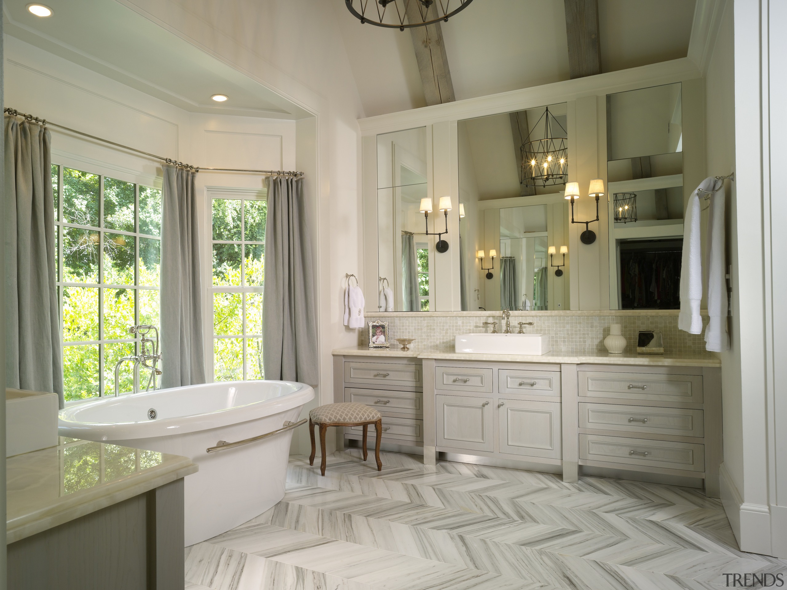 This master suite's architects were James Hess and bathroom, bathroom accessory, bathroom cabinet, cabinetry, countertop, estate, floor, flooring, home, interior design, room, tile, window, gray