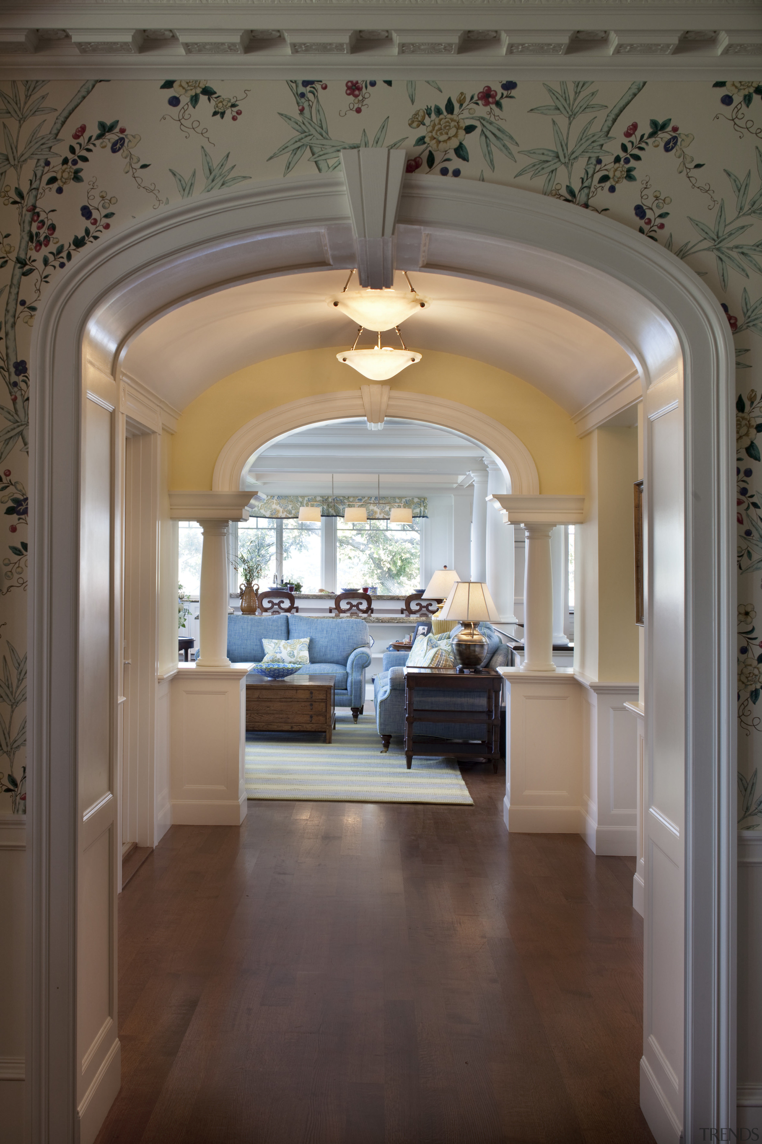 A hallway now provides an easy transition from arch, architecture, ceiling, estate, floor, flooring, home, interior design, wall, gray, brown